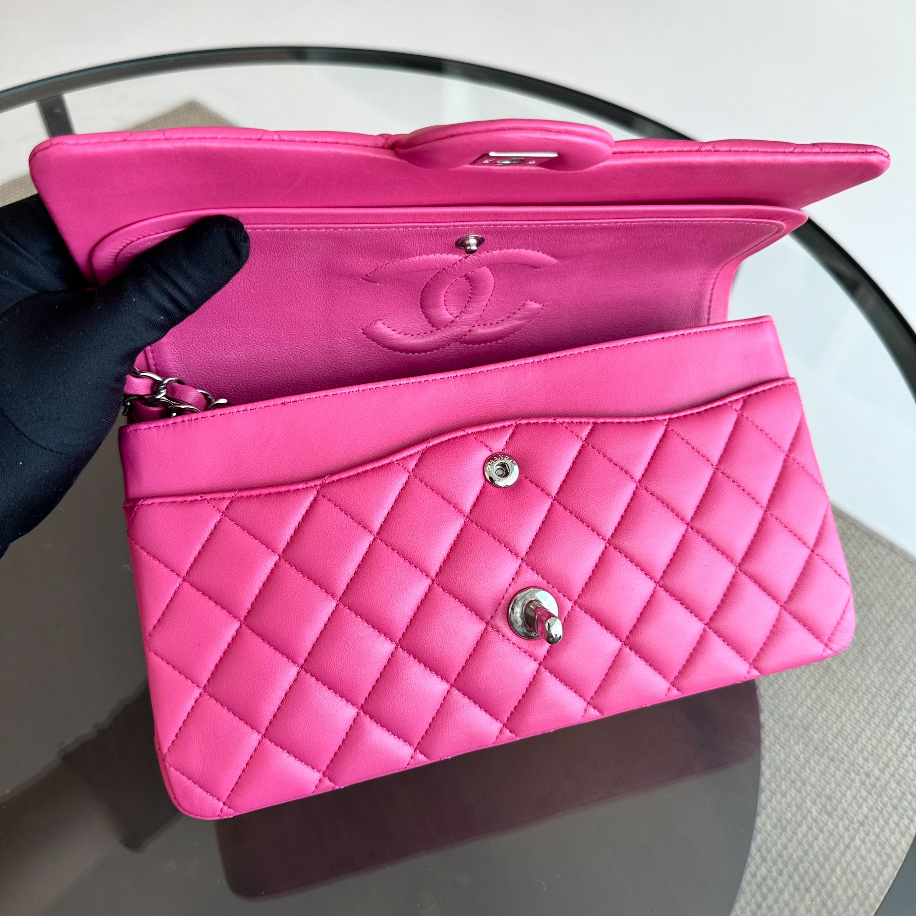 Chanel Medium Classic Flap Lambskin Quilted Hot Pink SHW No 19 - Luxury Evermore