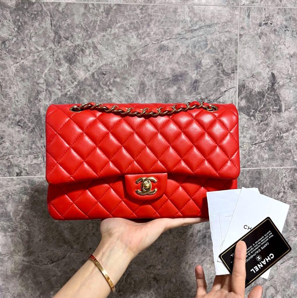 Chanel Medium Classic Flap Lambskin Red No 23 GHW - Luxury Evermore