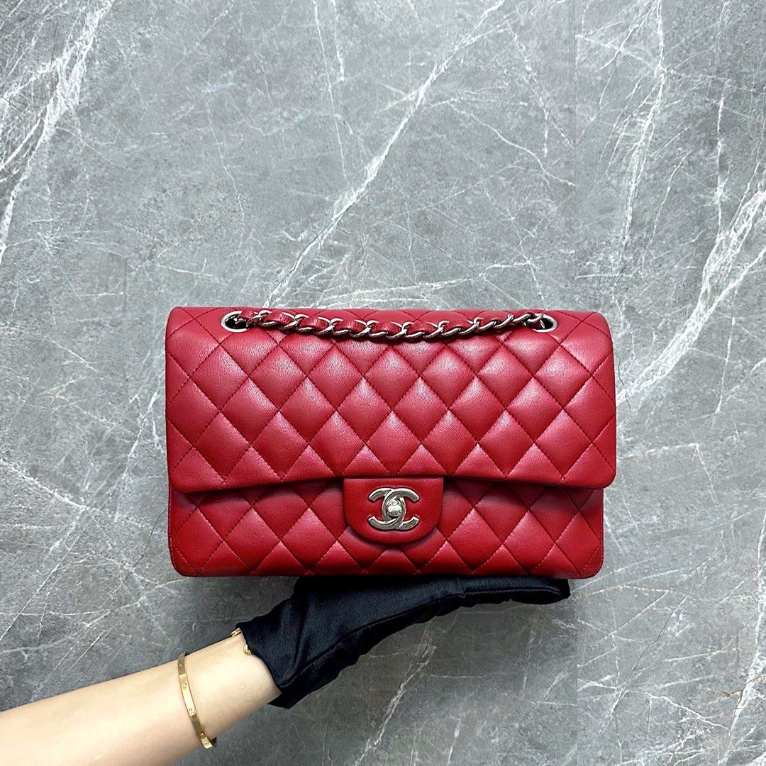 Chanel Medium Classic Flap Lambskin Red SHW No 17 - Luxury Evermore