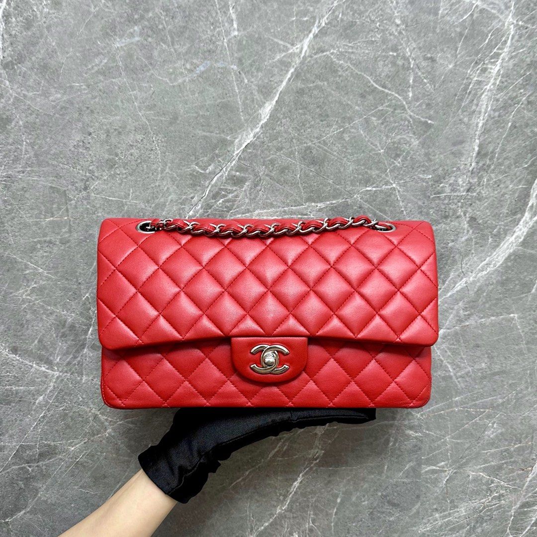 Chanel Medium Classic Flap Lambskin Red SHW No 19 - Luxury Evermore