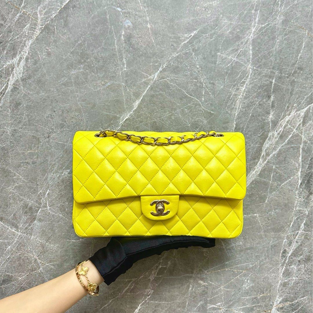 Chanel Medium Classic Flap Lambskin Yellow GHW No 15 - Luxury Evermore