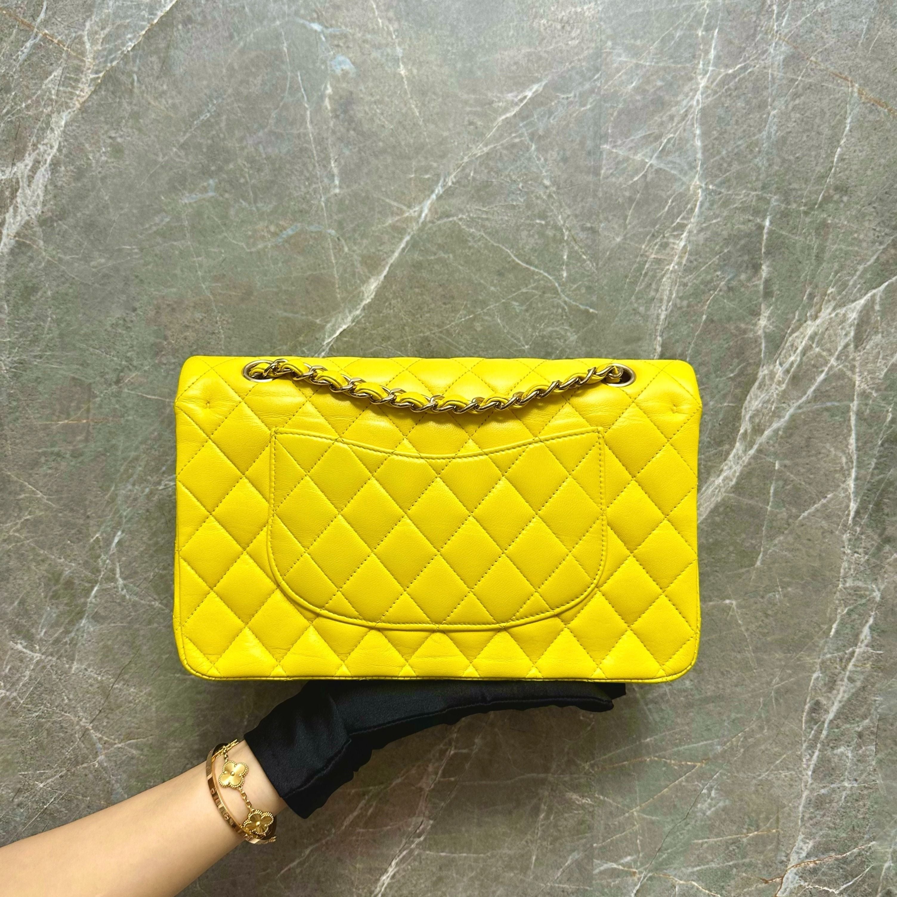 Chanel Medium Classic Flap Lambskin Yellow GHW No 15 - Luxury Evermore