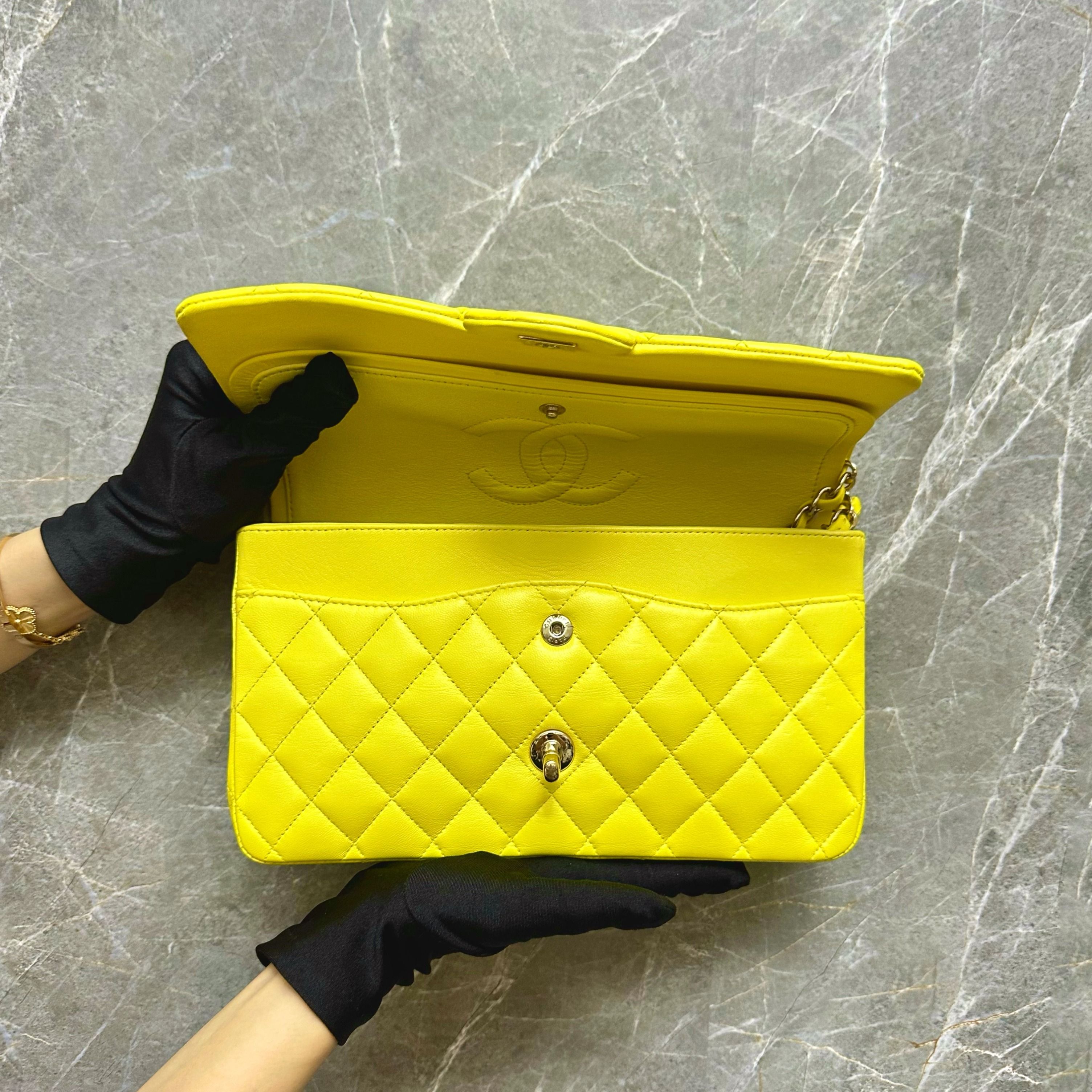 Chanel Medium Classic Flap Lambskin Yellow GHW No 15 - Luxury Evermore