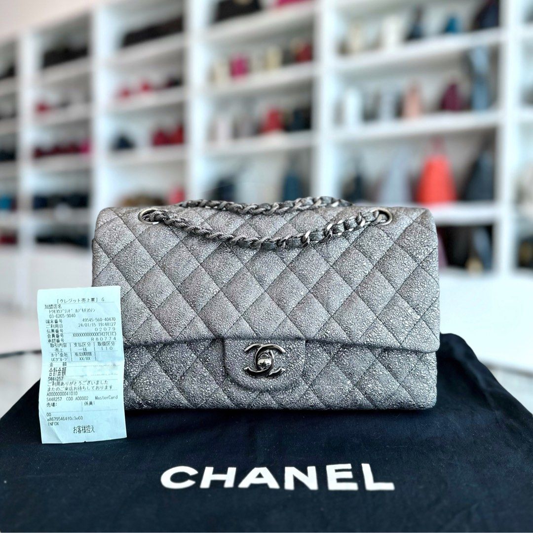 Chanel Medium Classic Flap Metallic Crackled Calfskin Quilted Gray SHW No 11 - Luxury Evermore