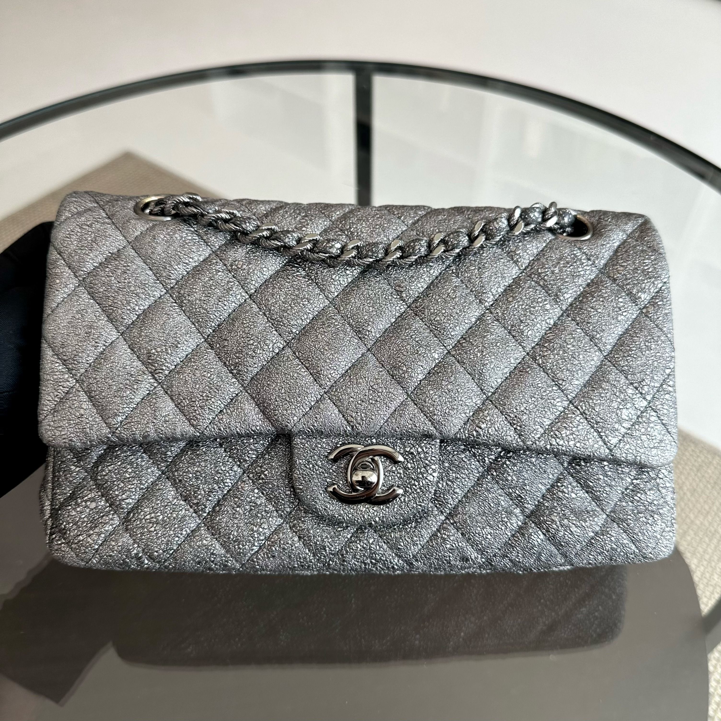 Chanel Medium Classic Flap Metallic Crackled Calfskin Quilted Gray SHW No 11 - Luxury Evermore