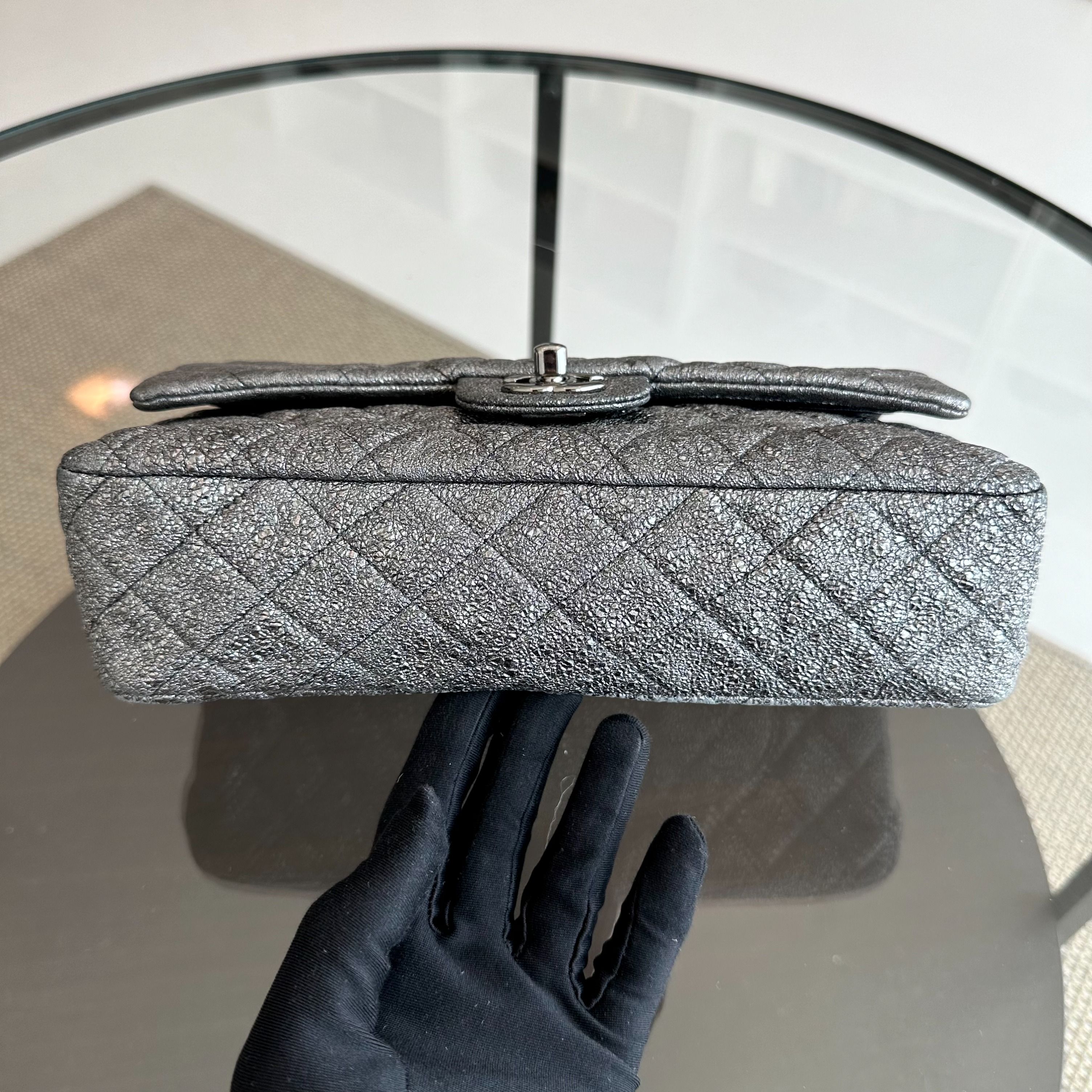 Chanel Medium Classic Flap Metallic Crackled Calfskin Quilted Gray SHW No 11 - Luxury Evermore