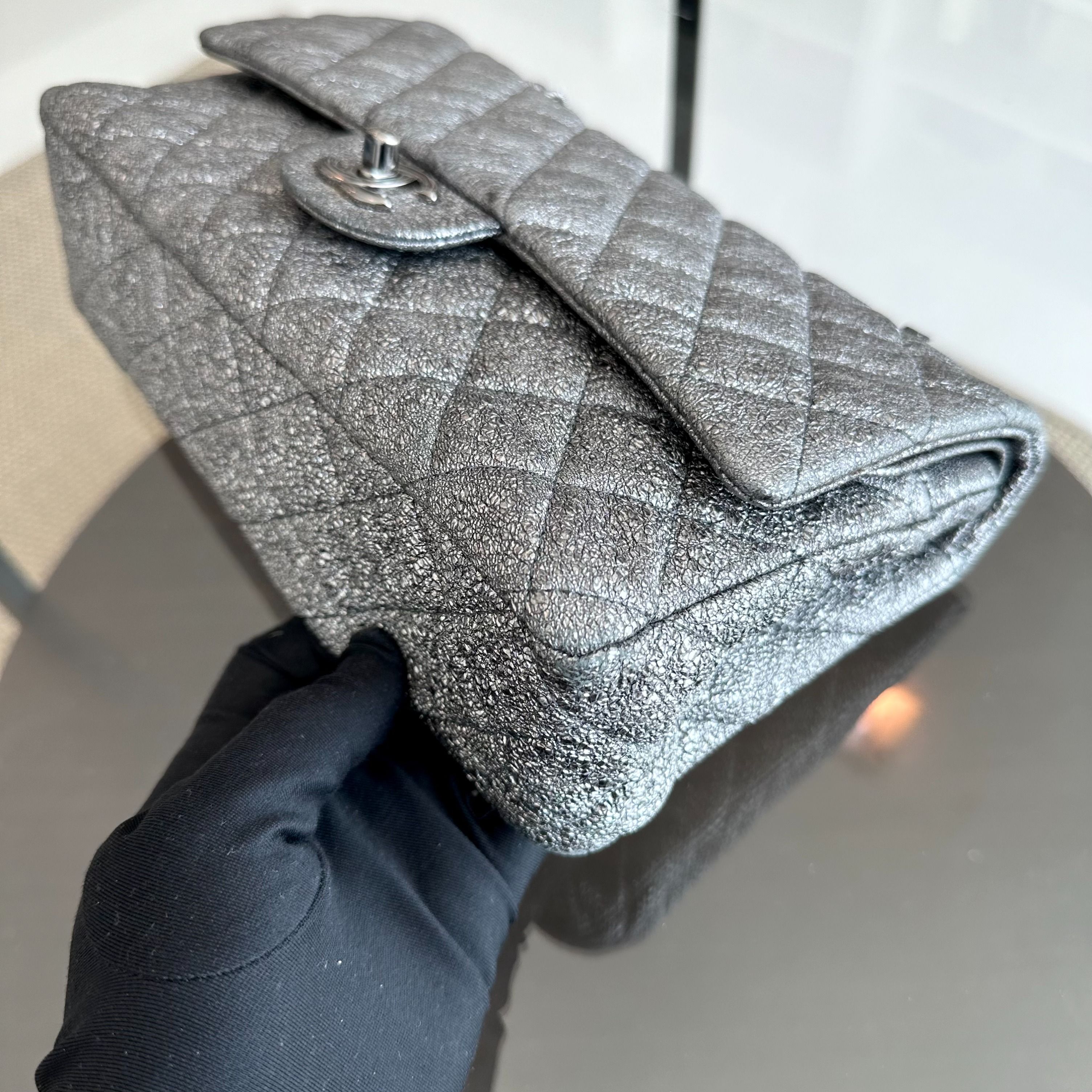 Chanel Medium Classic Flap Metallic Crackled Calfskin Quilted Gray SHW No 11 - Luxury Evermore