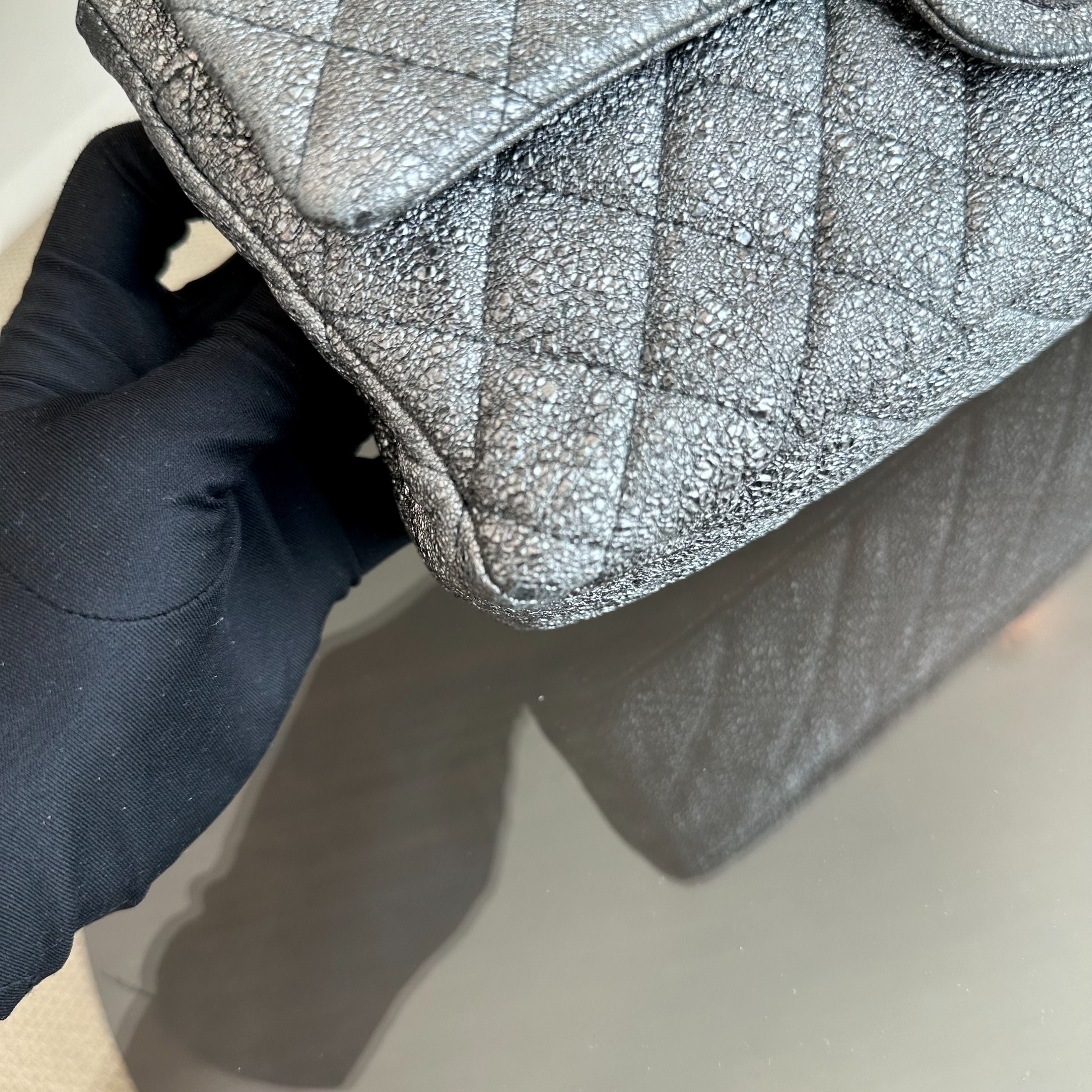 Chanel Medium Classic Flap Metallic Crackled Calfskin Quilted Gray SHW No 11 - Luxury Evermore