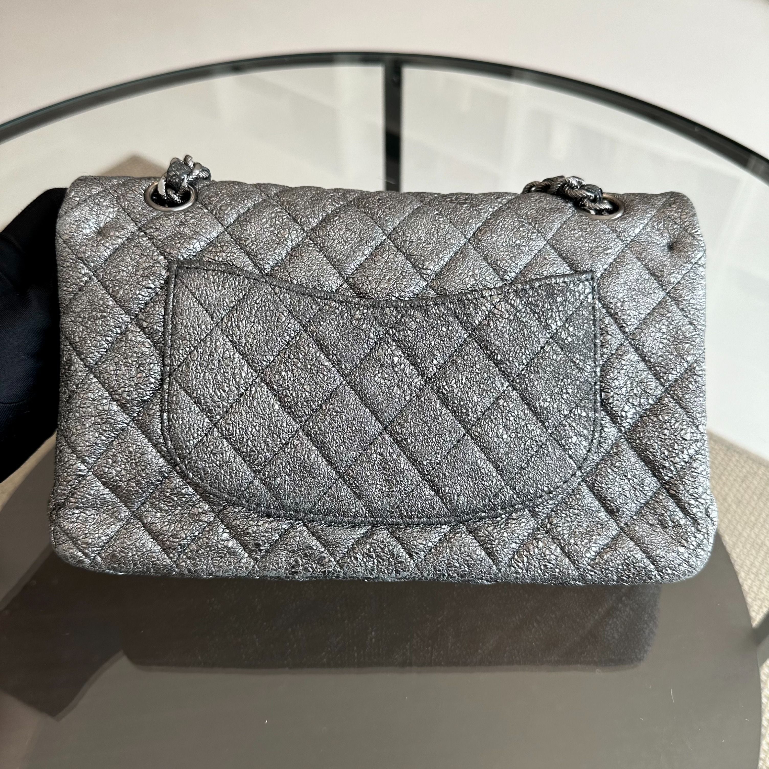 Chanel Medium Classic Flap Metallic Crackled Calfskin Quilted Gray SHW No 11 - Luxury Evermore