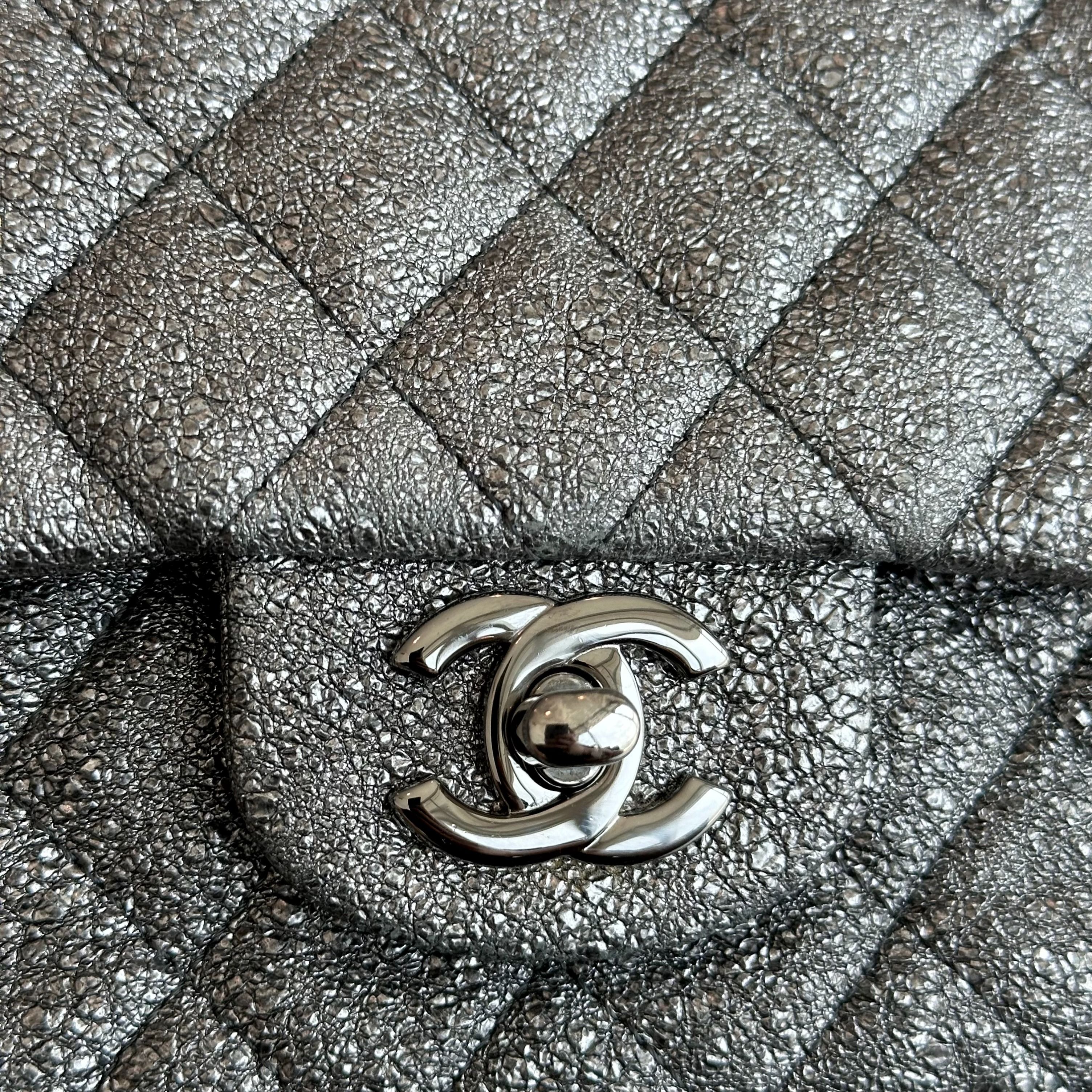 Chanel Medium Classic Flap Metallic Crackled Calfskin Quilted Gray SHW No 11 - Luxury Evermore