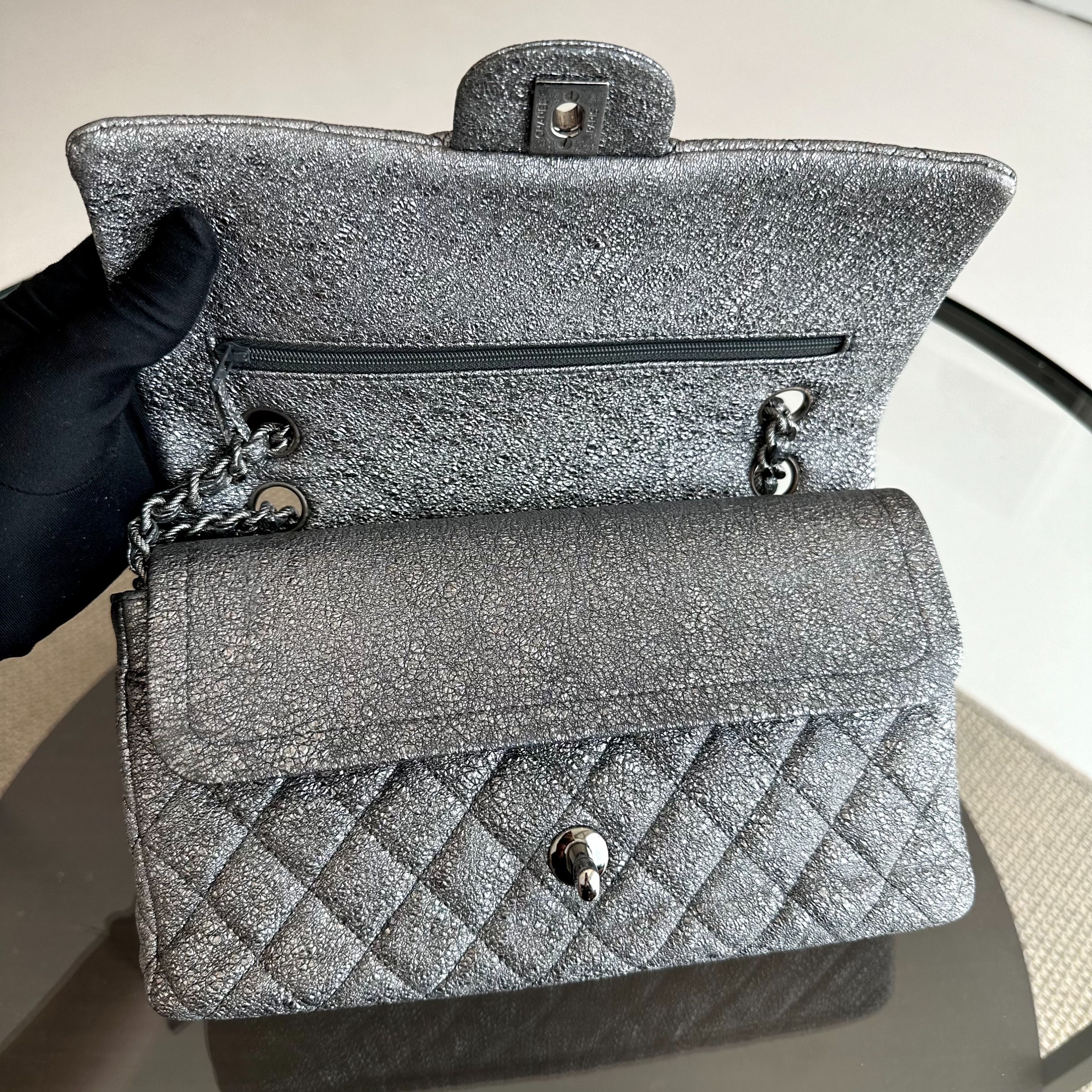 Chanel Medium Classic Flap Metallic Crackled Calfskin Quilted Gray SHW No 11 - Luxury Evermore