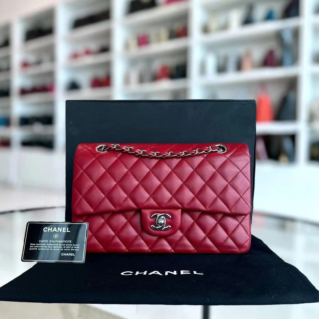 Chanel Medium Classic Flap Quilted Lambskin Dark Red Silver Hardware Series 17 - Luxury Evermore