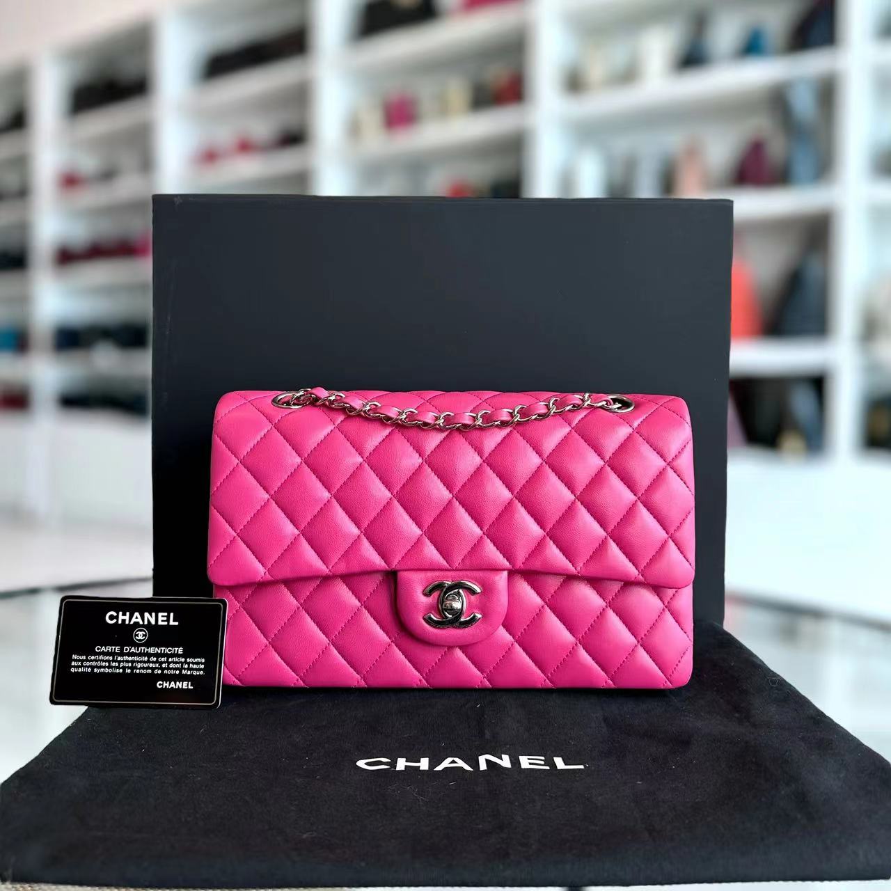 Chanel Medium Classic Flap Quilted Lambskin Hot Pink SHW No 19 - Luxury Evermore