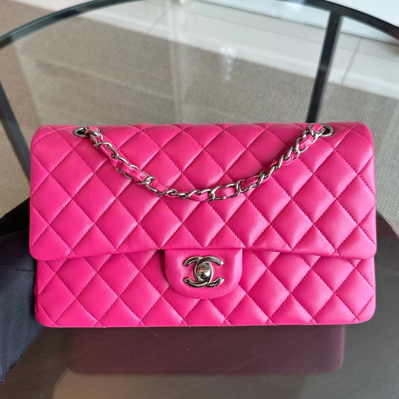 Chanel Medium Classic Flap Quilted Lambskin Hot Pink SHW No 19 - Luxury Evermore