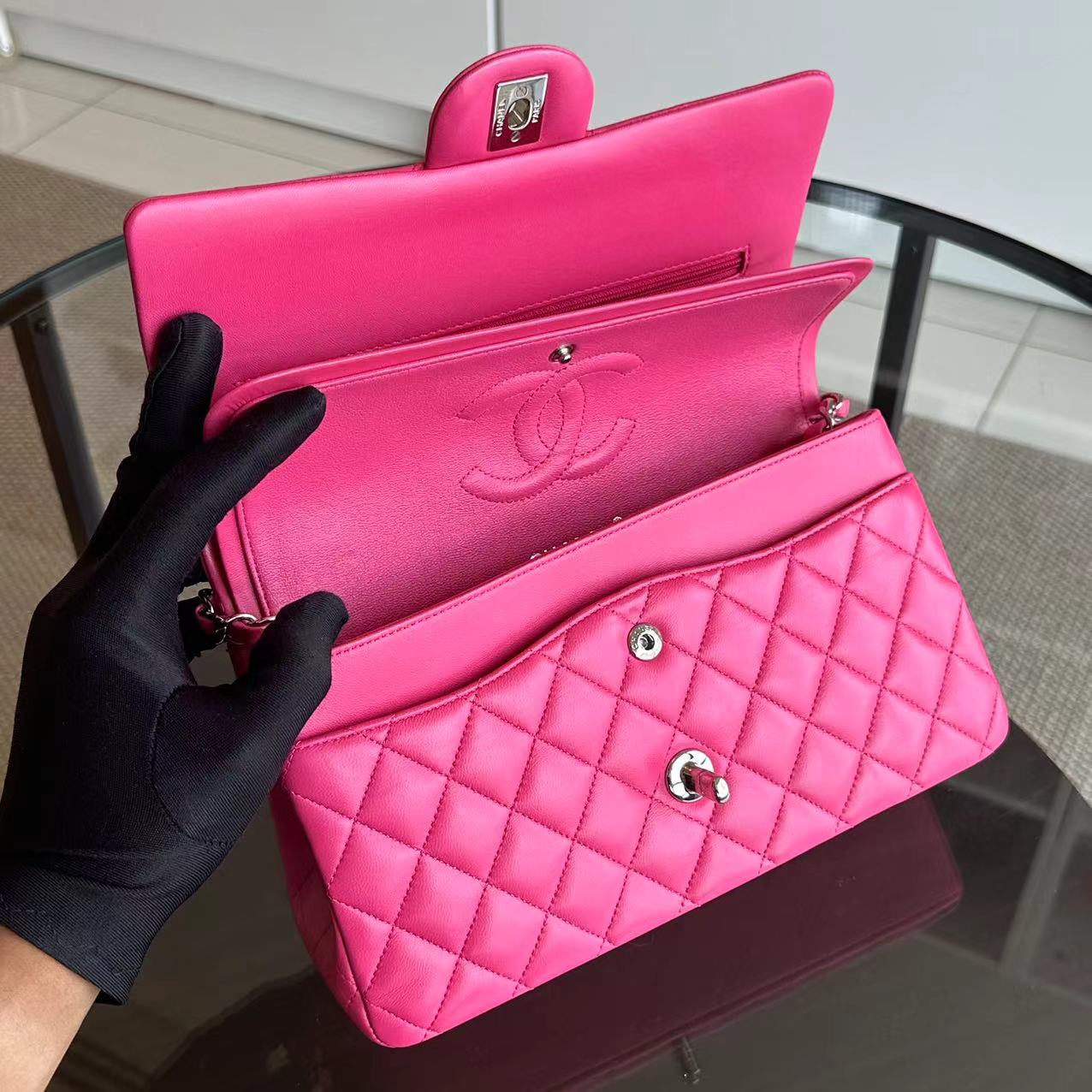 Chanel Medium Classic Flap Quilted Lambskin Hot Pink SHW No 19 - Luxury Evermore