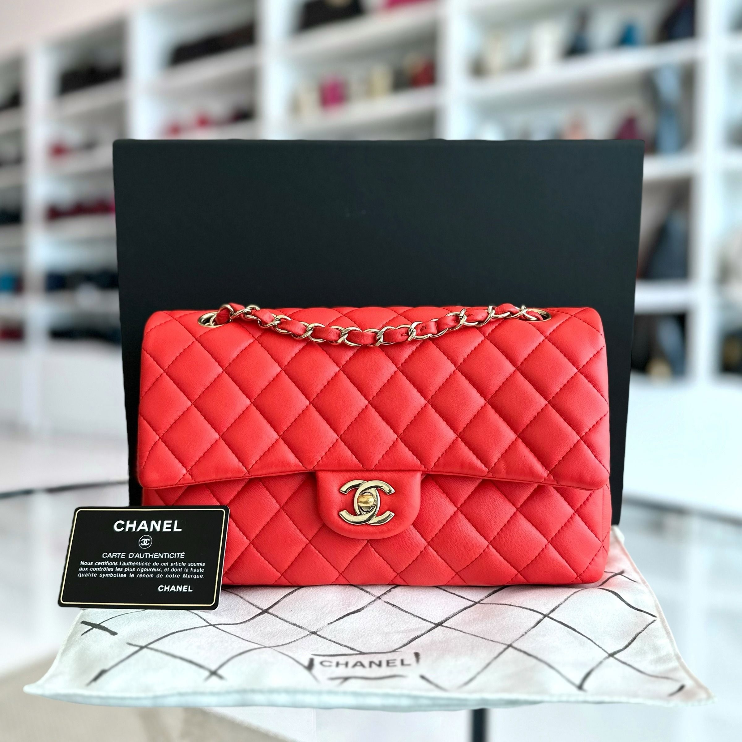 Chanel Medium Classic Flap Quilted Lambskin Salmon Red GHW No 23 - Luxury Evermore