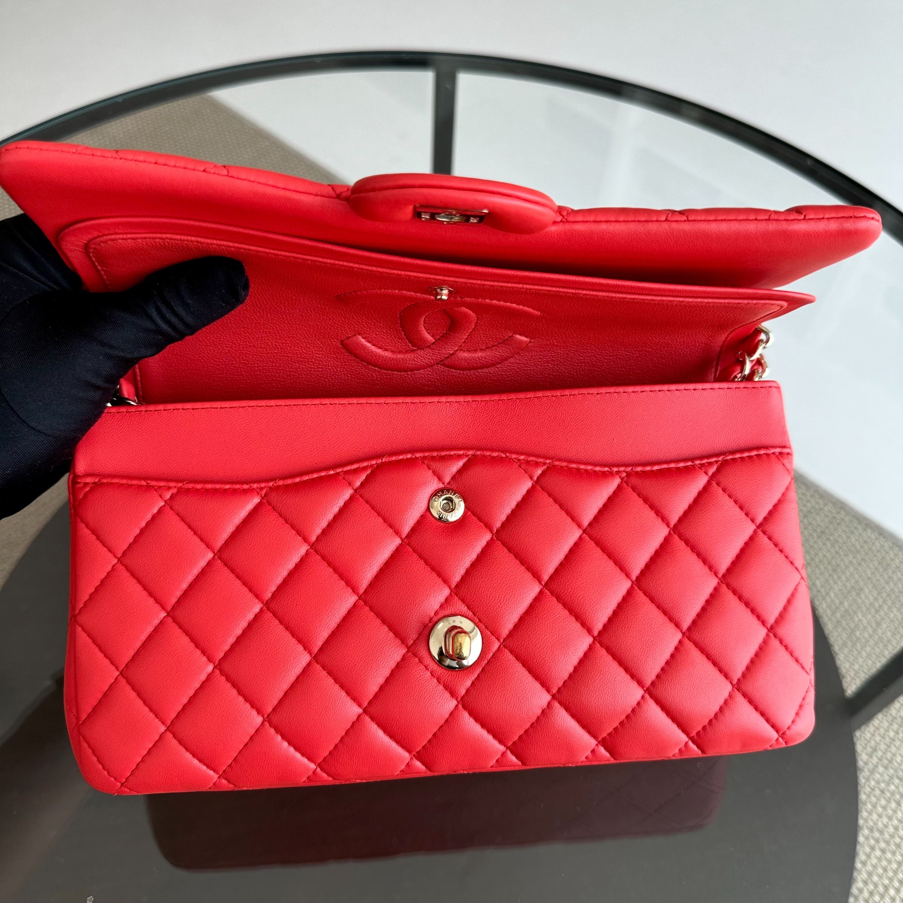 Chanel Medium Classic Flap Quilted Lambskin Salmon Red GHW No 23 - Luxury Evermore