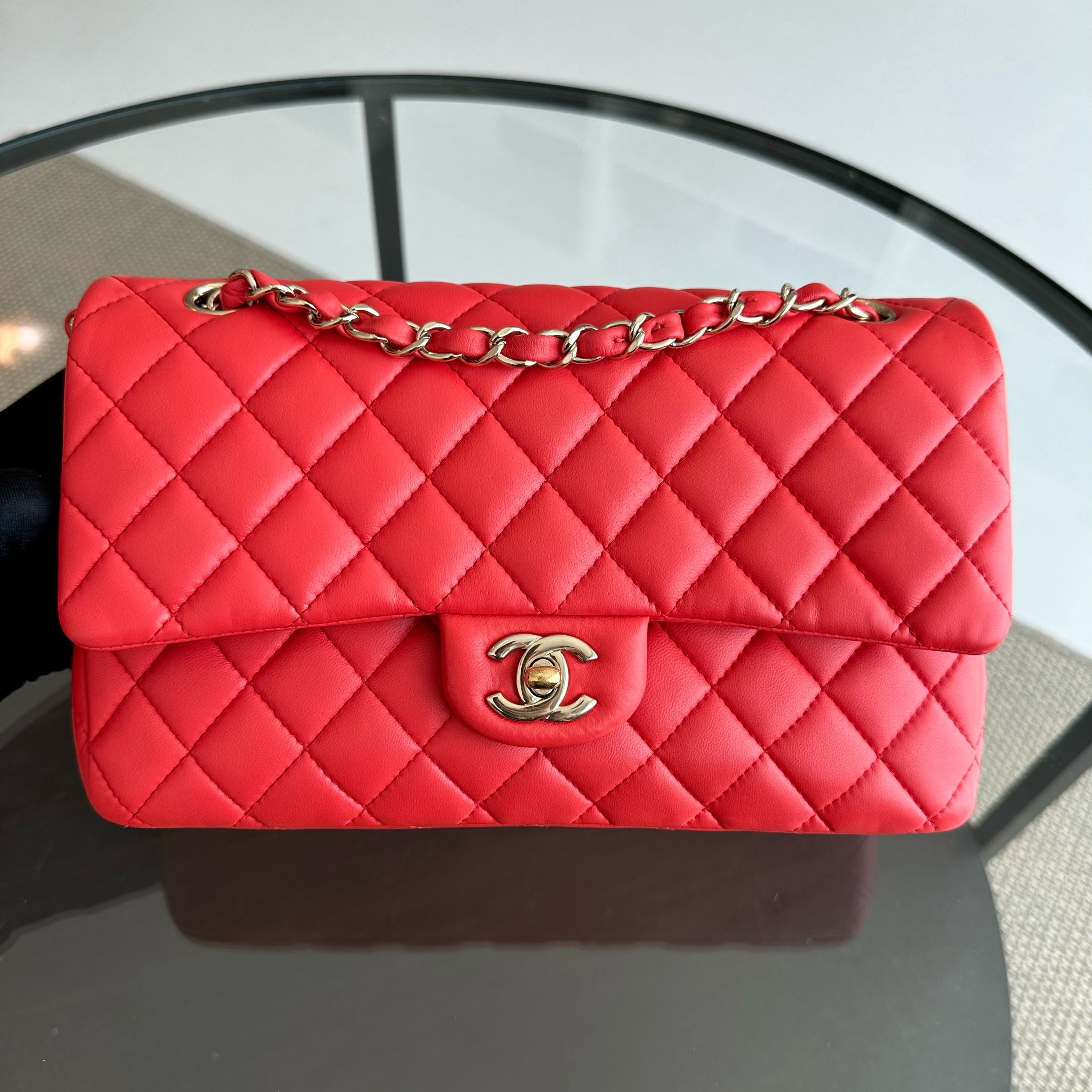 Chanel Medium Classic Flap Quilted Lambskin Salmon Red GHW No 23 - Luxury Evermore