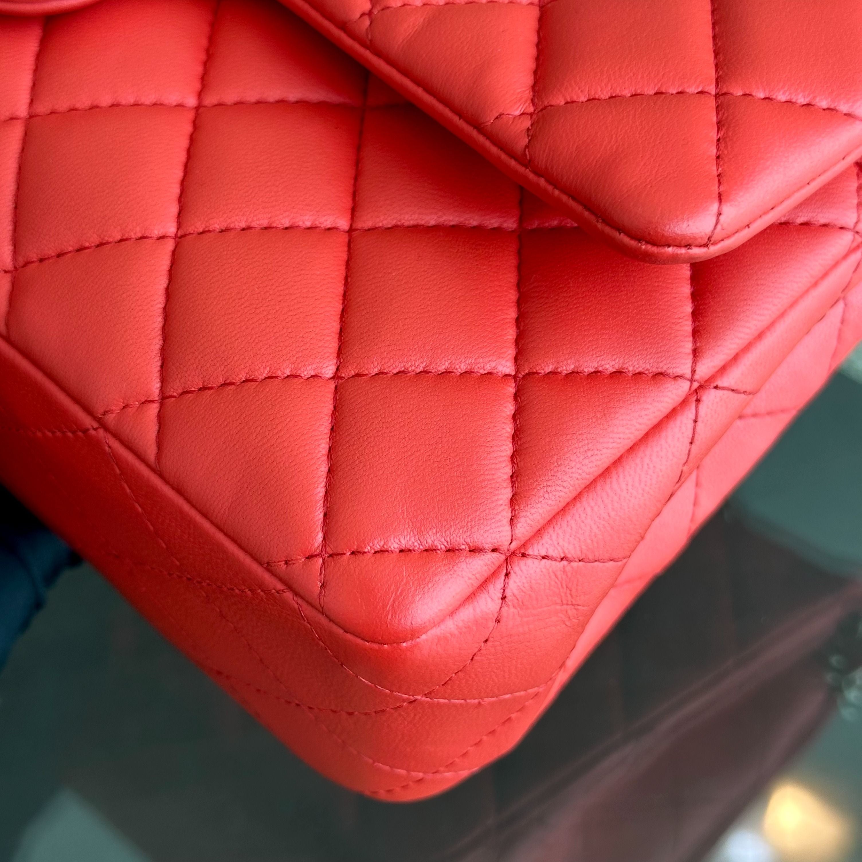 Chanel Medium Classic Flap Quilted Lambskin Salmon Red GHW No 23 - Luxury Evermore