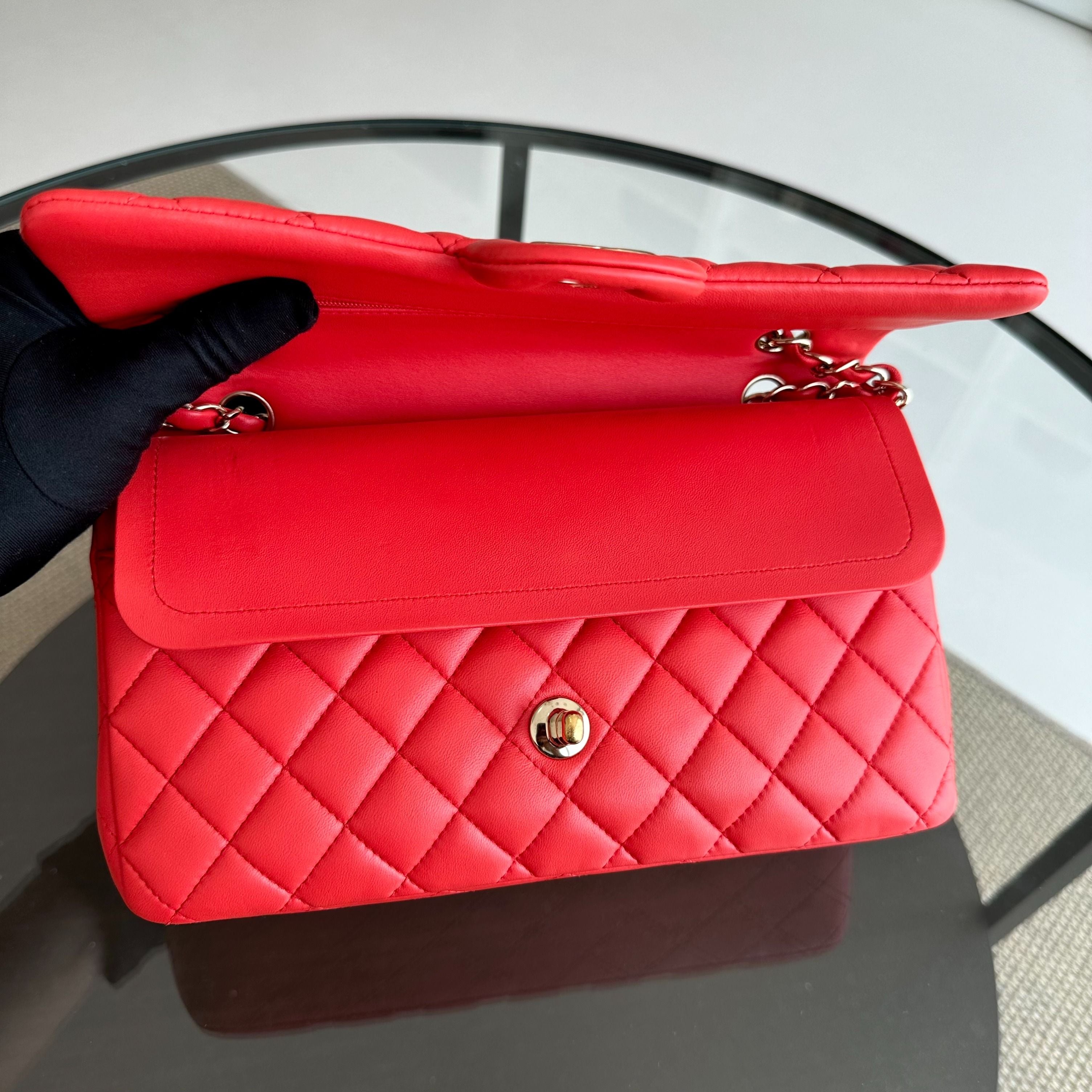 Chanel Medium Classic Flap Quilted Lambskin Salmon Red GHW No 23 - Luxury Evermore