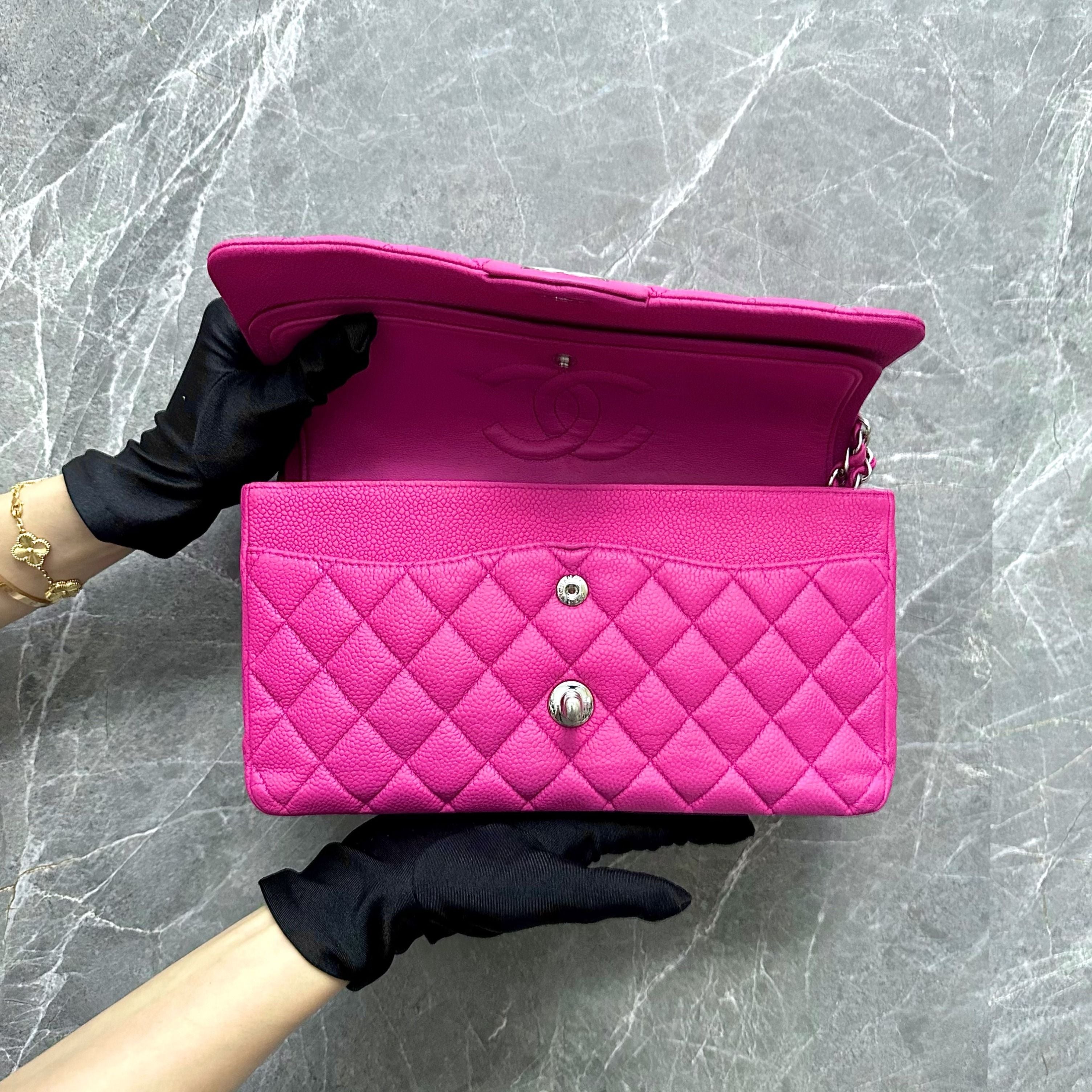 Chanel Medium Classic Flap Suede Caviar Hot Pink SHW No 18 - Luxury Evermore