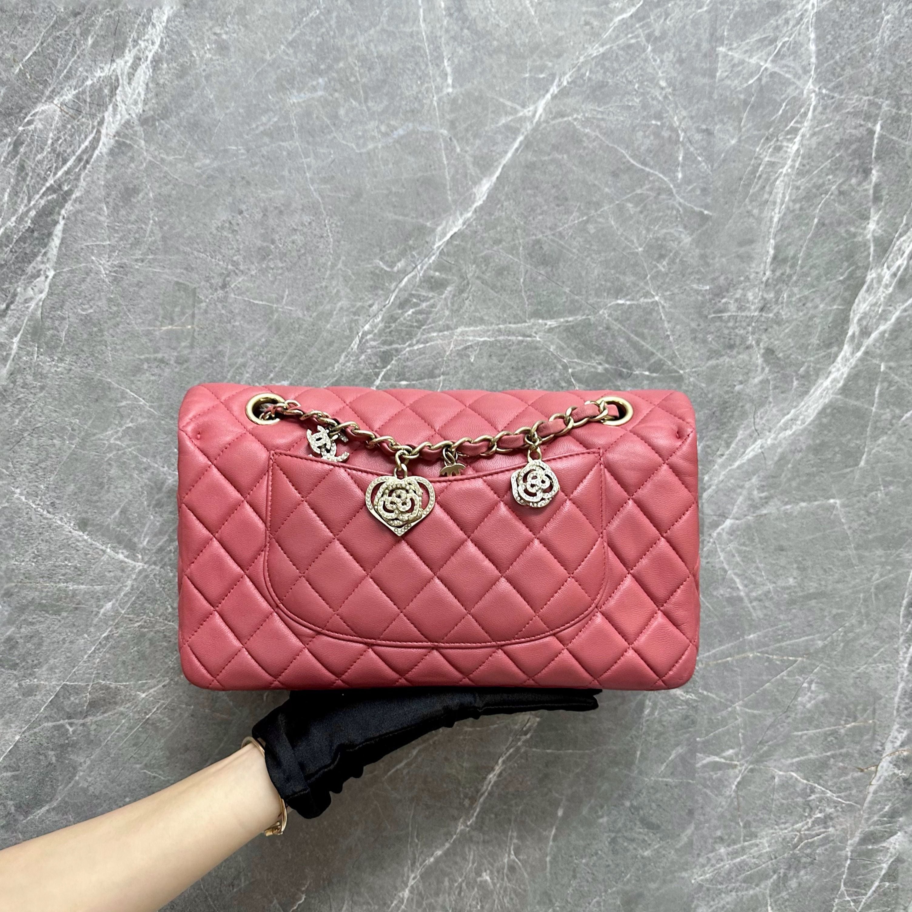 Chanel Medium Classic Flap Valentine Crystal Heart Pink Lambskin LGHW - Luxury Evermore