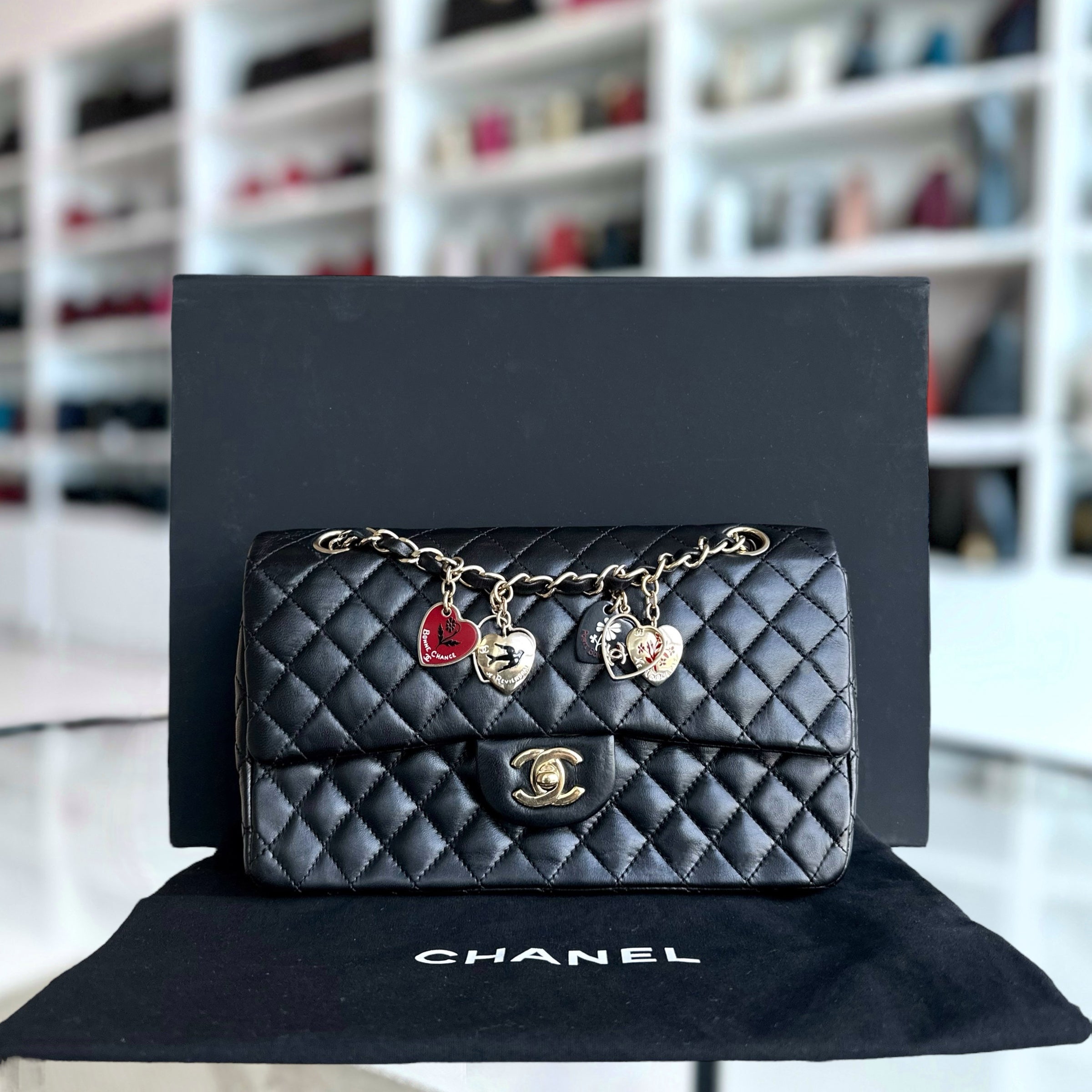 Chanel Medium Classic Flap Valentine Seasonal Flap Quilted Lambskin Black Golden Hardware Series 13 - Luxury Evermore