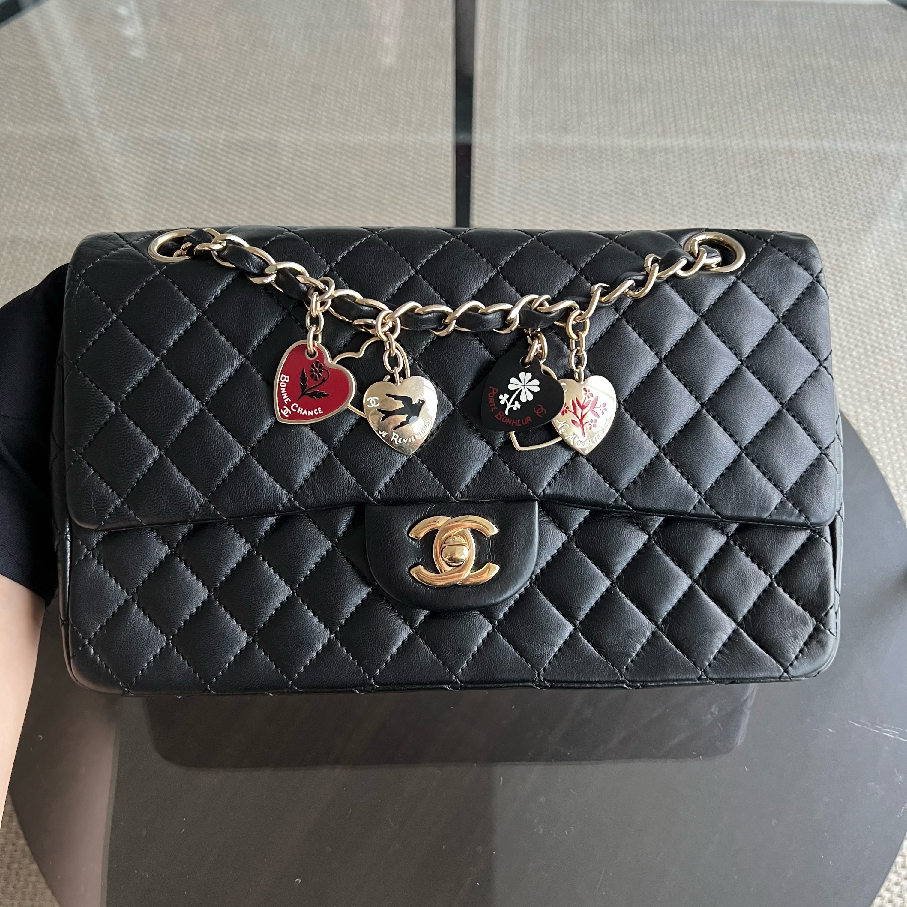 Chanel Medium Classic Flap Valentine Seasonal Flap Quilted Lambskin Black Golden Hardware Series 13 - Luxury Evermore