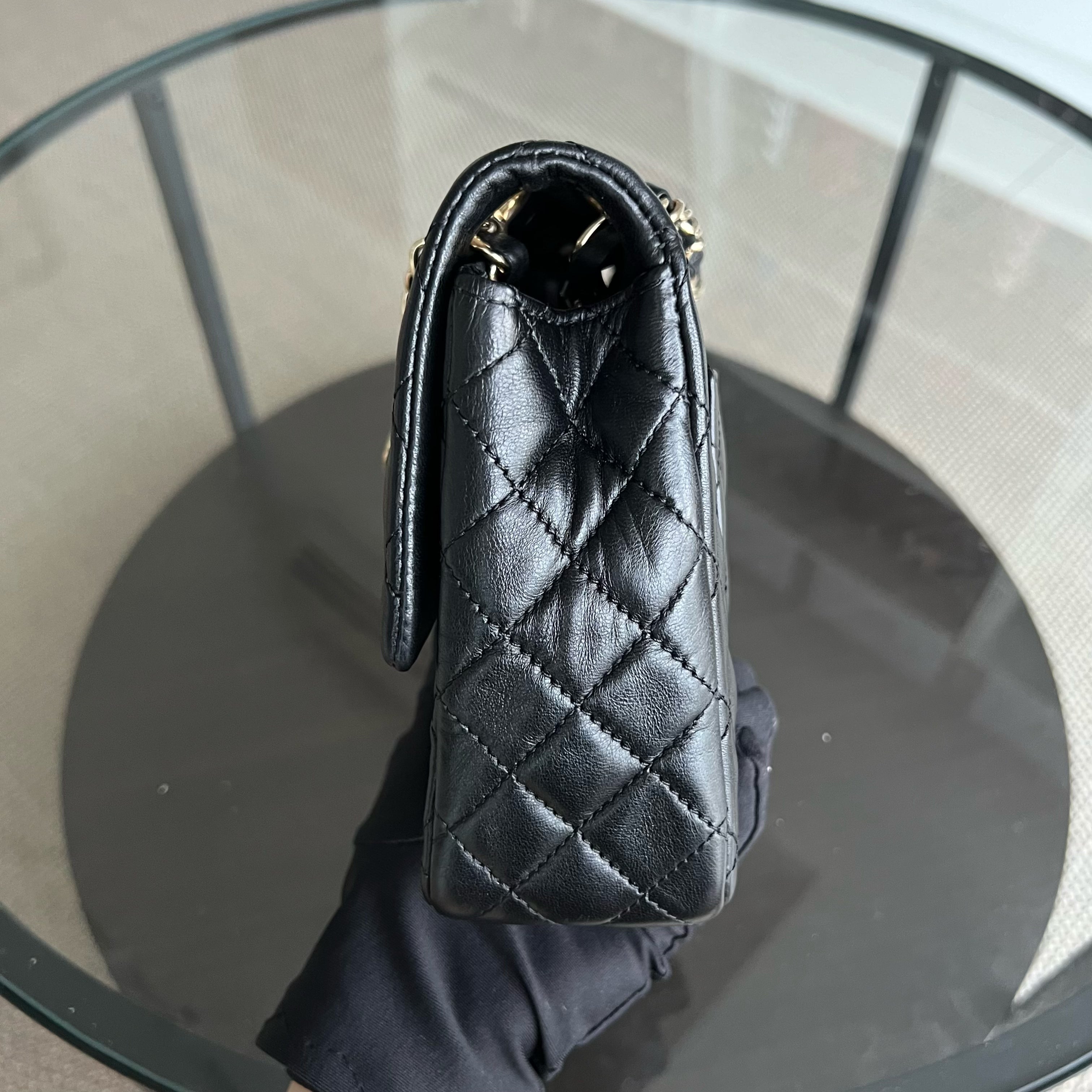 Chanel Medium Classic Flap Valentine Seasonal Flap Quilted Lambskin Black Golden Hardware Series 13 - Luxury Evermore