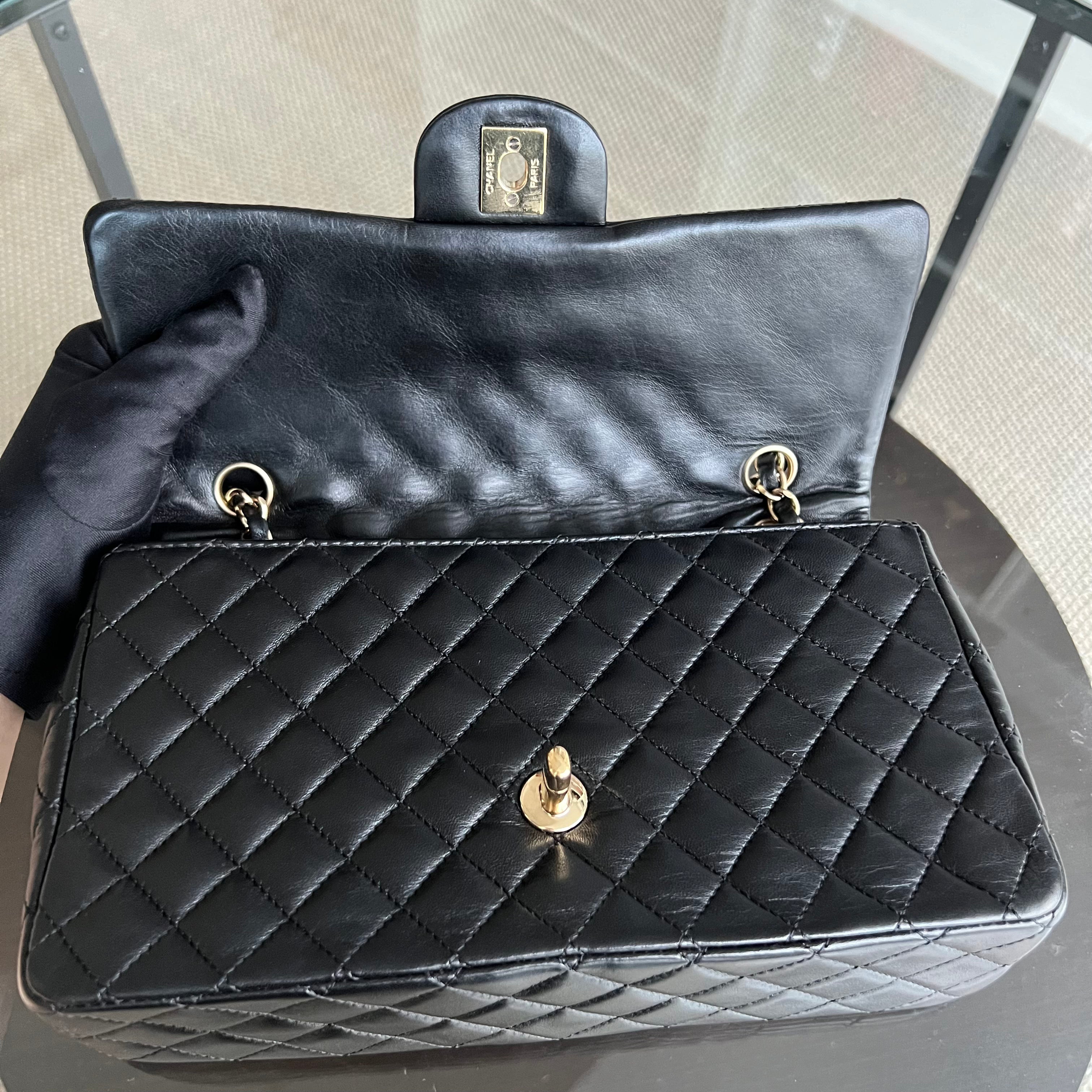 Chanel Medium Classic Flap Valentine Seasonal Flap Quilted Lambskin Black Golden Hardware Series 13 - Luxury Evermore