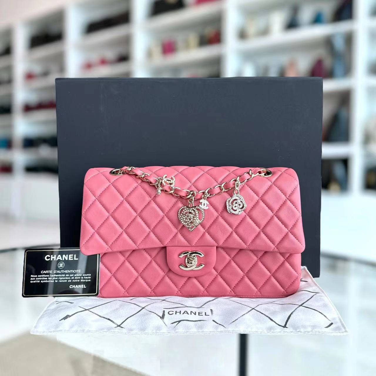 Chanel Medium Classic Flap Valentine Seasonal Flap Quilted Lambskin Sakura Pink Golden Hardware Series 19 - Luxury Evermore