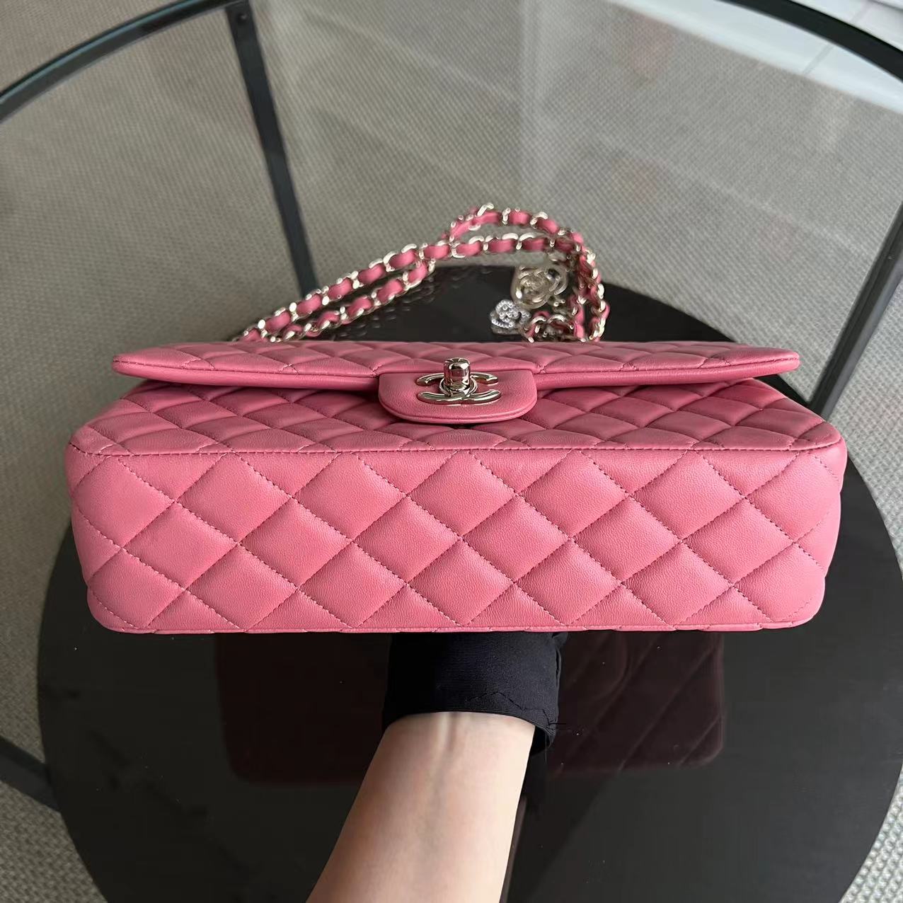 Chanel Medium Classic Flap Valentine Seasonal Flap Quilted Lambskin Sakura Pink Golden Hardware Series 19 - Luxury Evermore