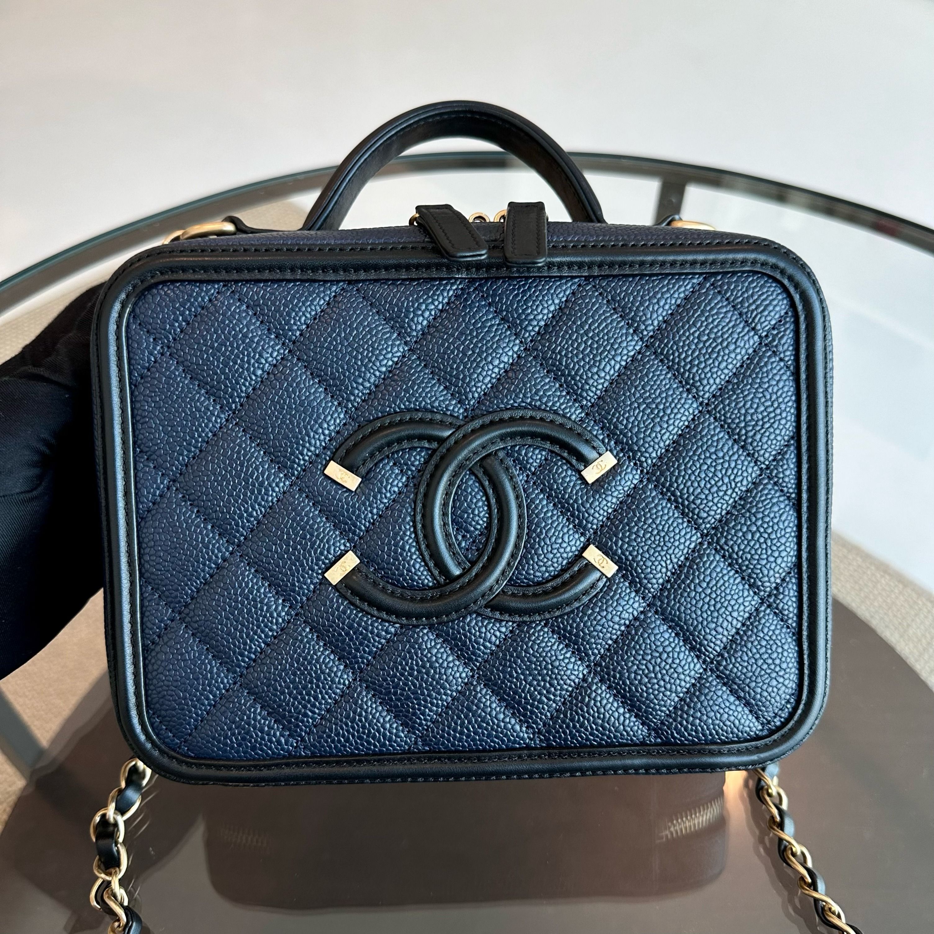 Chanel Medium Vanity Case Caviar Dark Blue GHW No 24 - Luxury Evermore