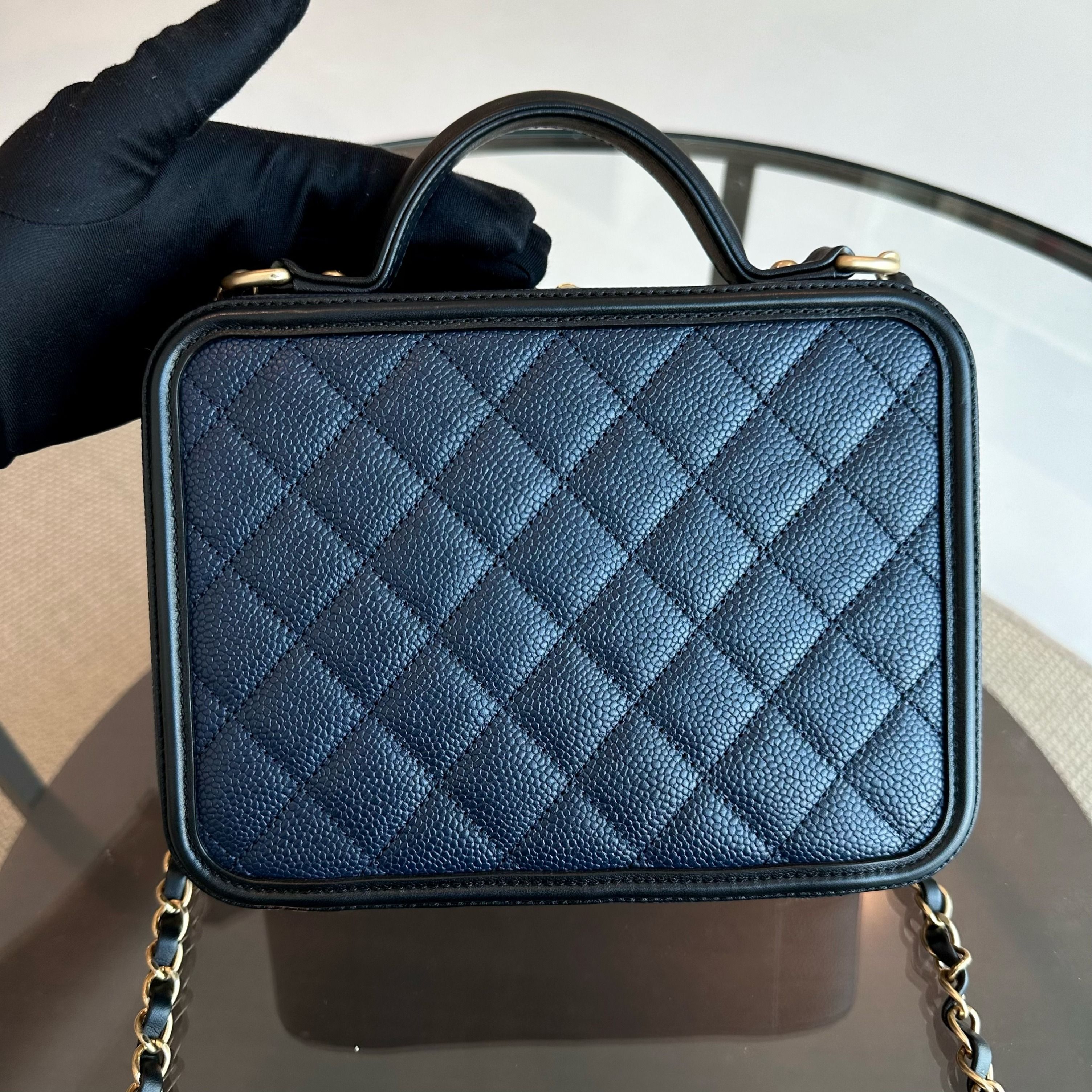 Chanel Medium Vanity Case Caviar Dark Blue GHW No 24 - Luxury Evermore