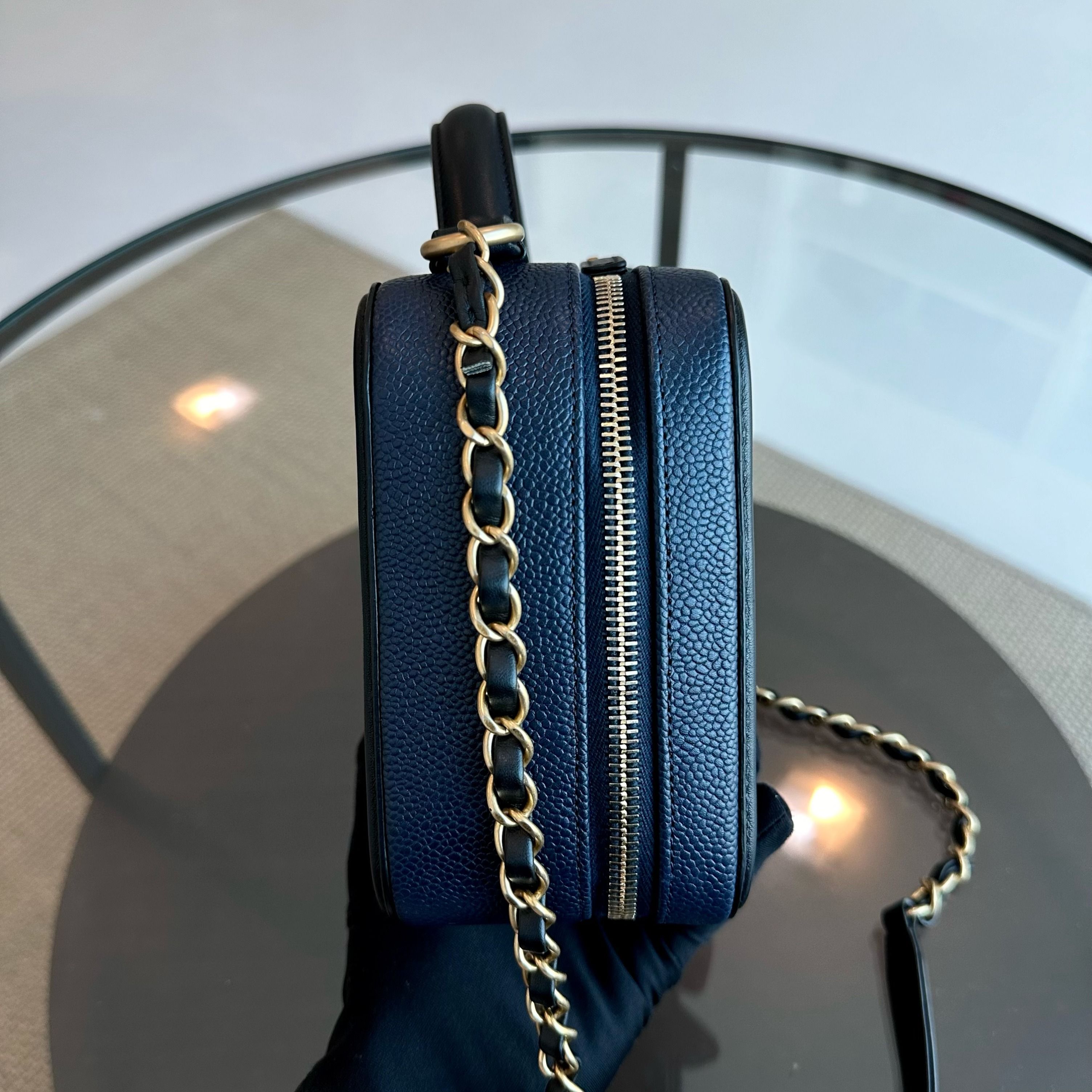 Chanel Medium Vanity Case Caviar Dark Blue GHW No 24 - Luxury Evermore