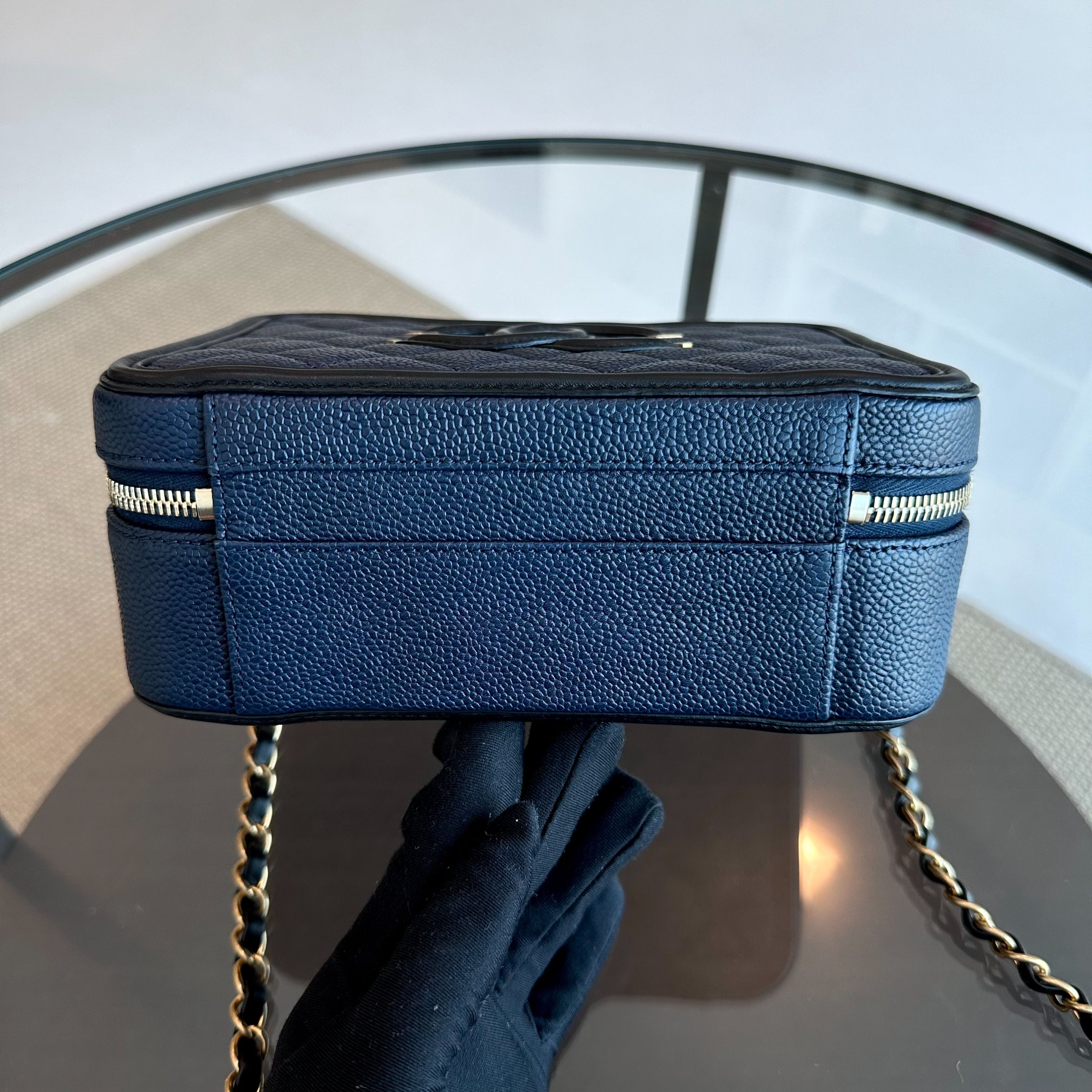 Chanel Medium Vanity Case Caviar Dark Blue GHW No 24 - Luxury Evermore