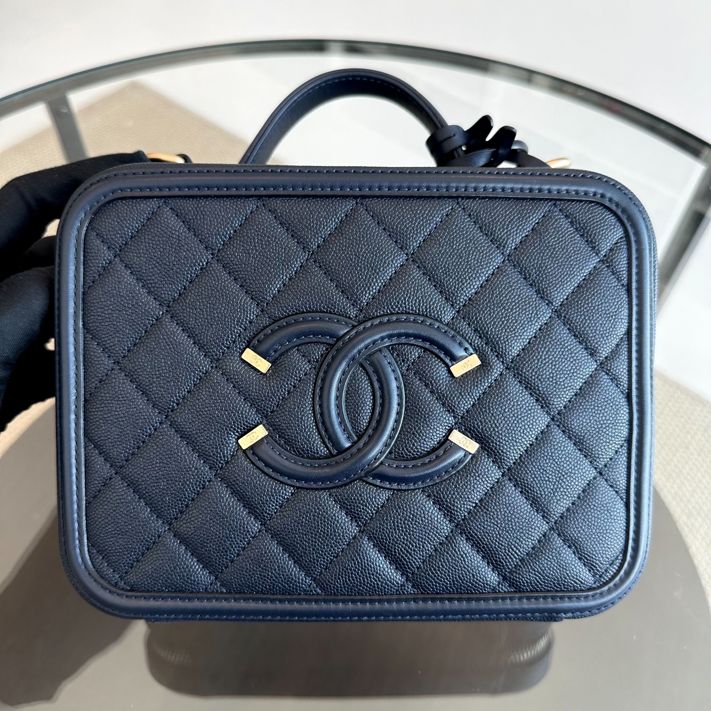 Chanel Medium Vanity Case Caviar Dark Blue GHW No 25 - Luxury Evermore