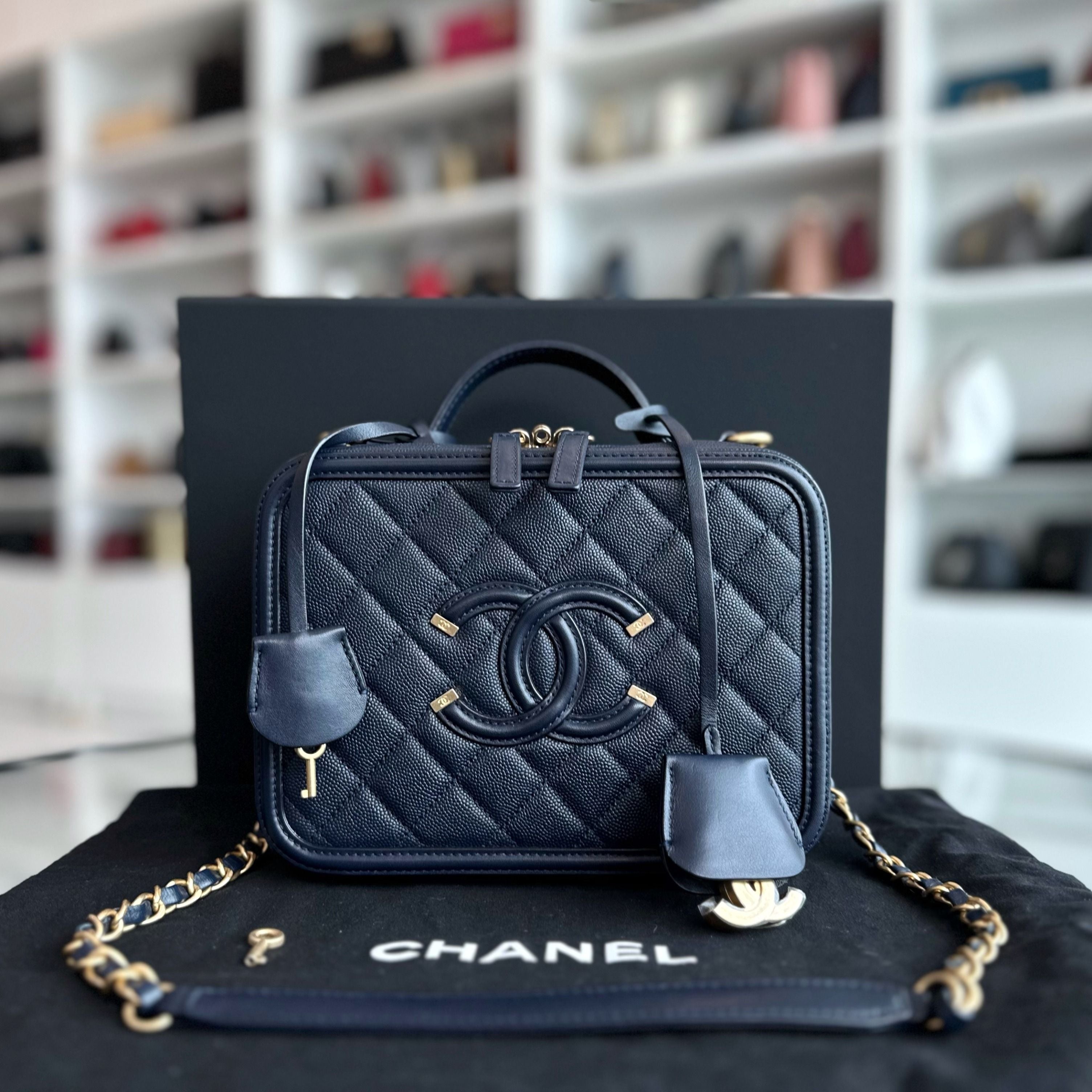 Chanel Medium Vanity Case Caviar Dark Blue GHW No 26 - Luxury Evermore