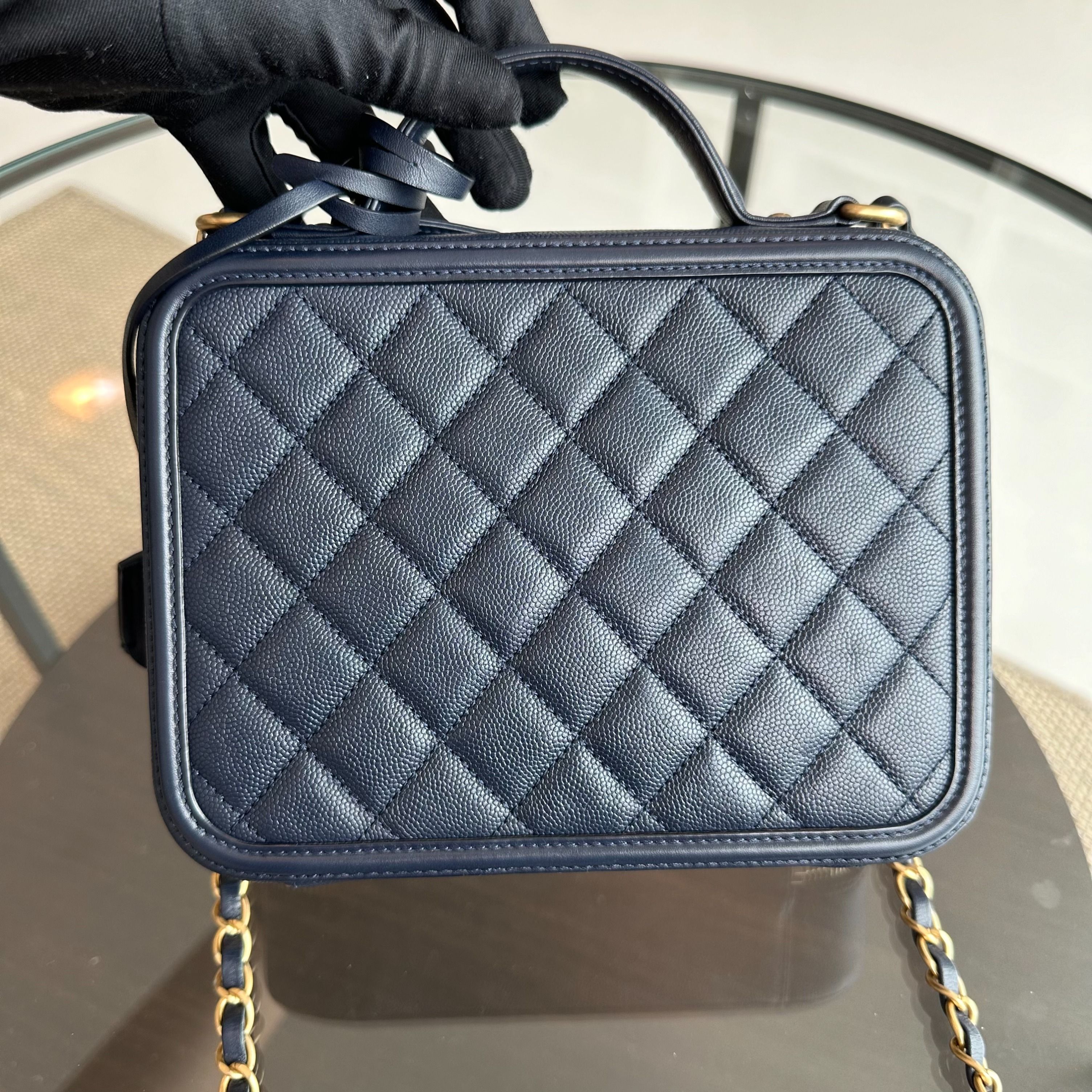 Chanel Medium Vanity Case Caviar Dark Blue GHW No 26 - Luxury Evermore