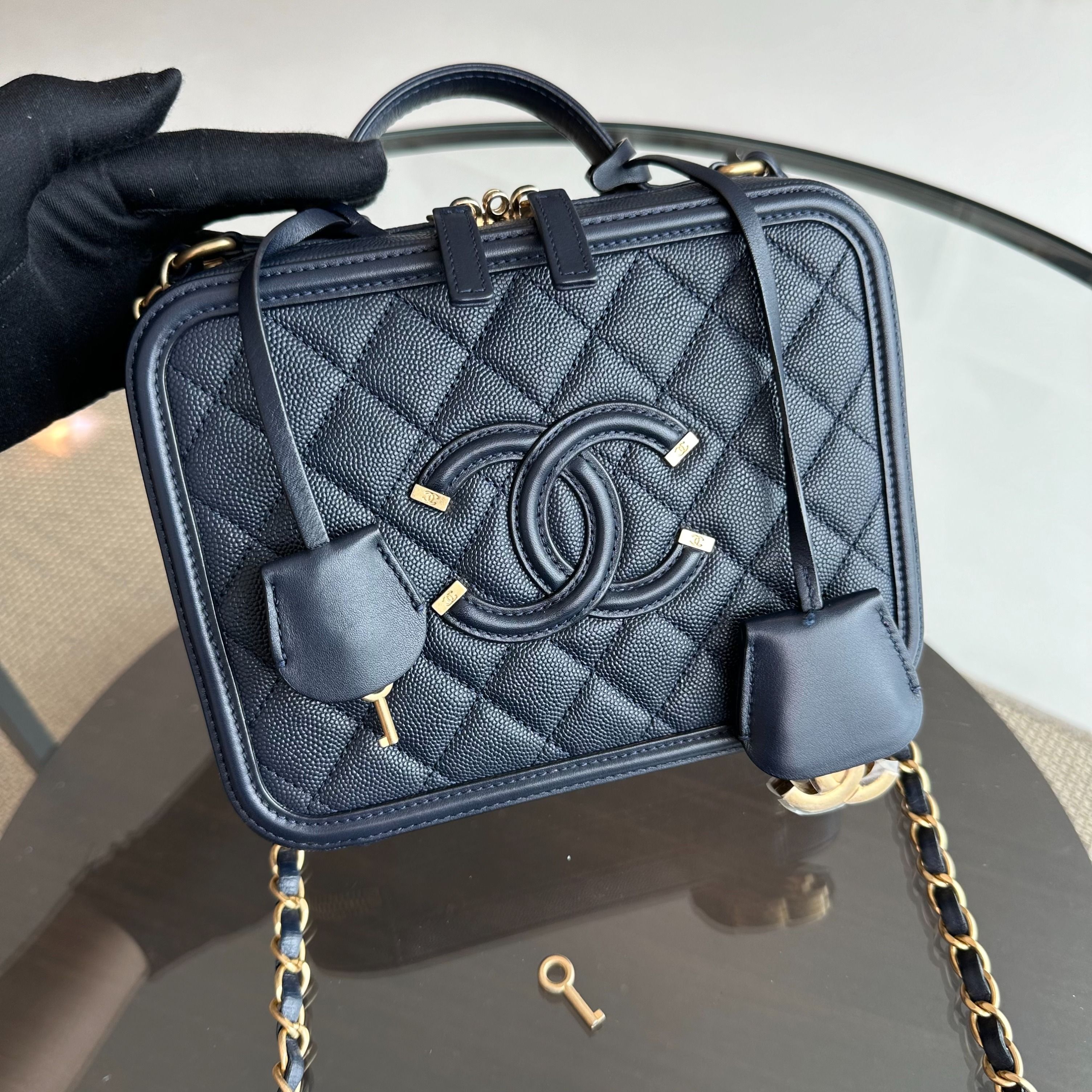 Chanel Medium Vanity Case Caviar Dark Blue GHW No 26 - Luxury Evermore