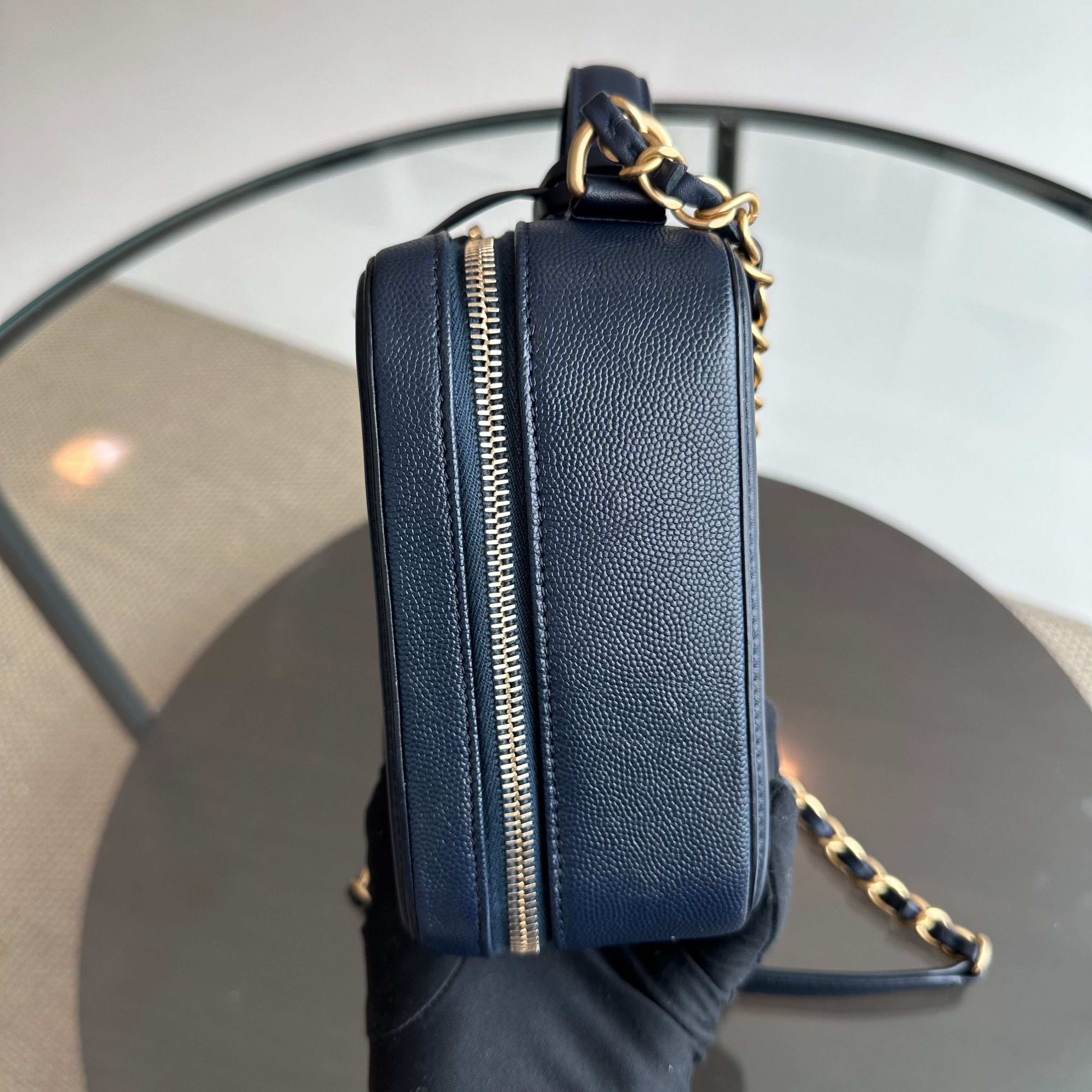 Chanel Medium Vanity Case Caviar Dark Blue GHW No 26 - Luxury Evermore