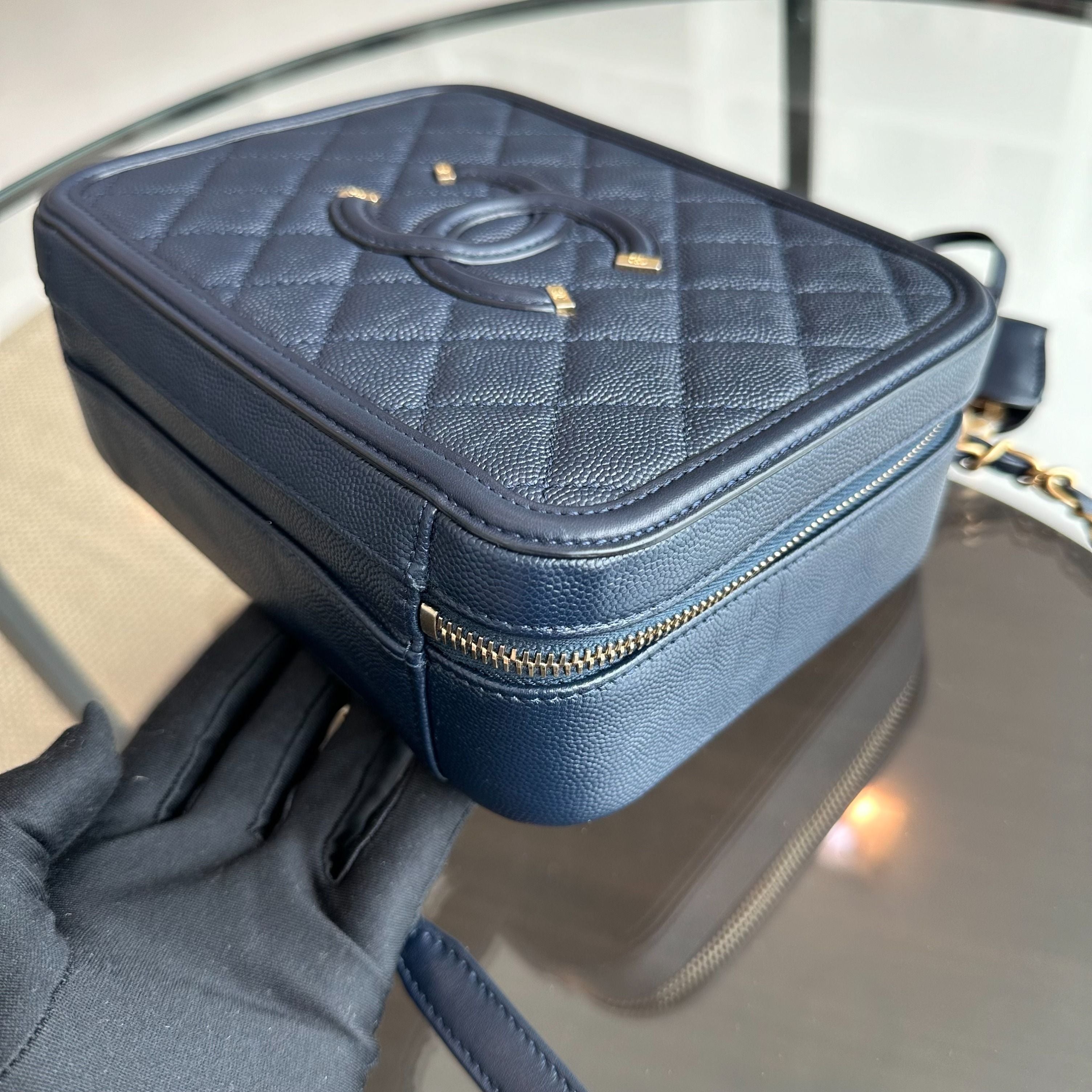 Chanel Medium Vanity Case Caviar Dark Blue GHW No 26 - Luxury Evermore