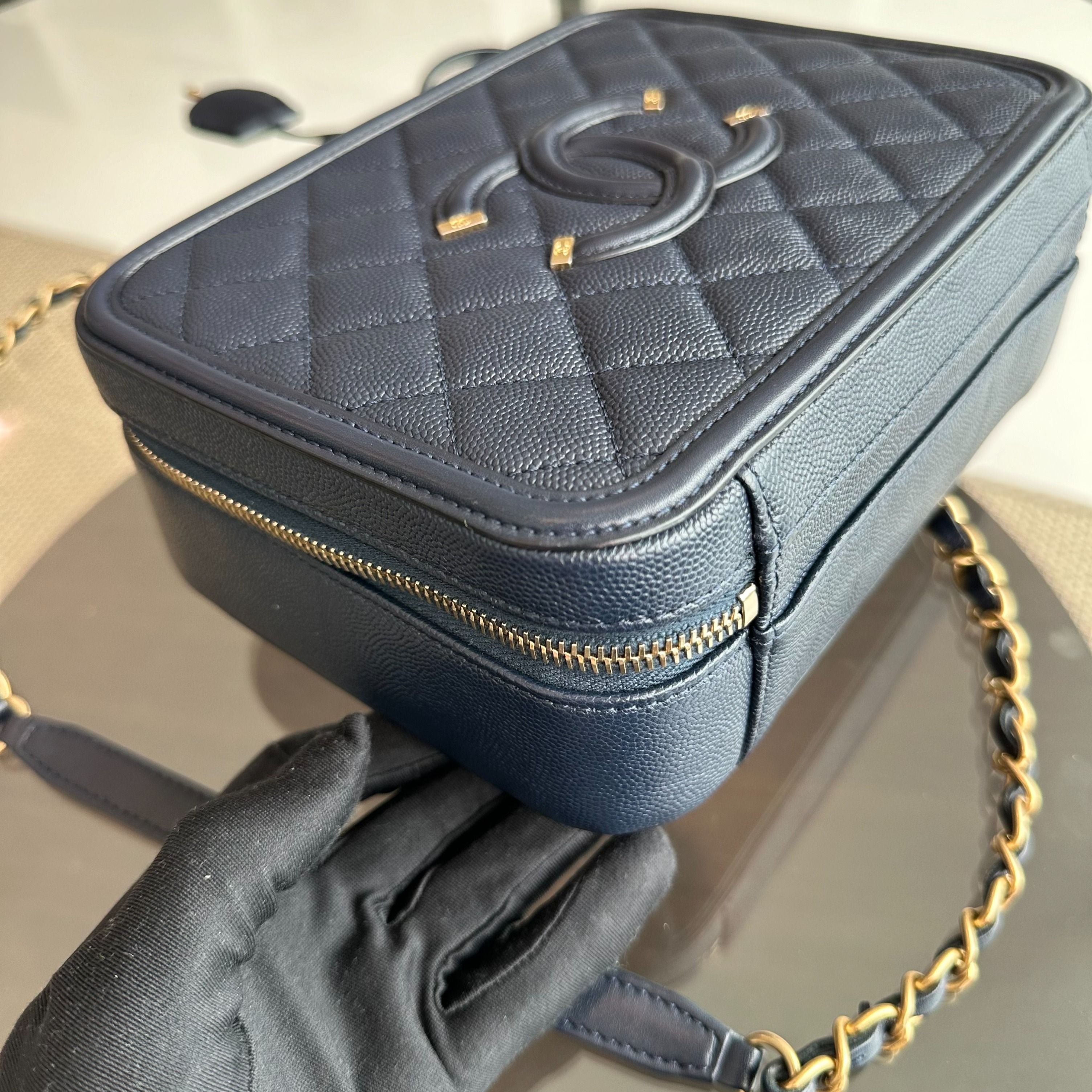 Chanel Medium Vanity Case Caviar Dark Blue GHW No 26 - Luxury Evermore