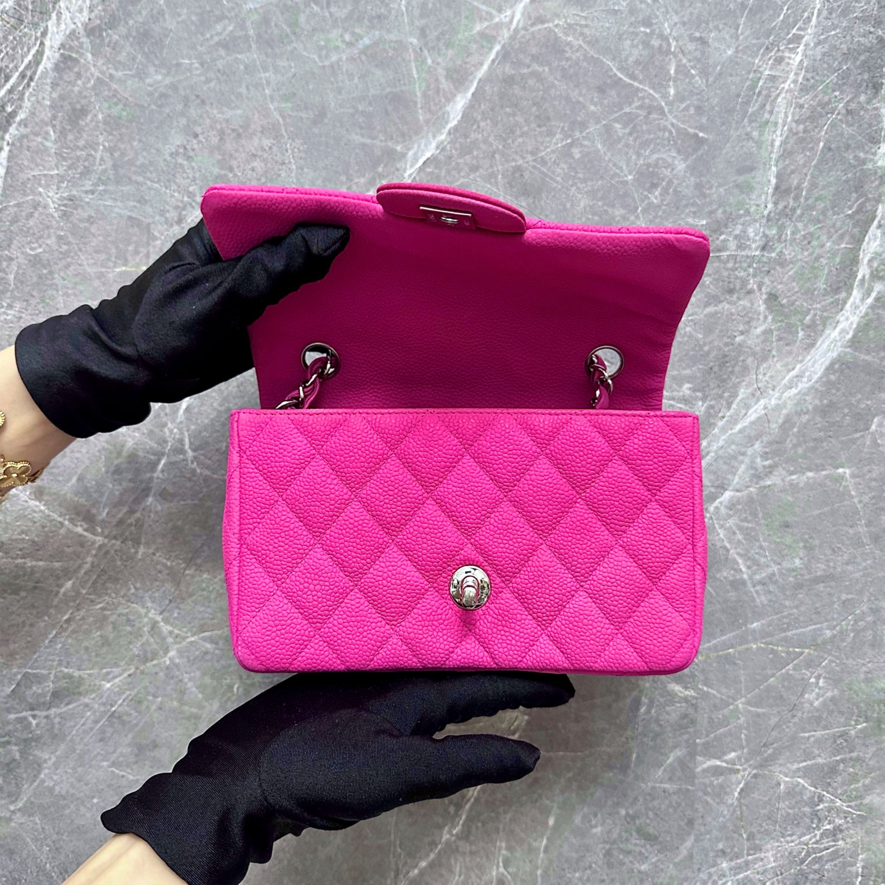 Chanel Mini Caviar Classic Flap Suede Calfskin Hot Pink SHW No 17 - Luxury Evermore