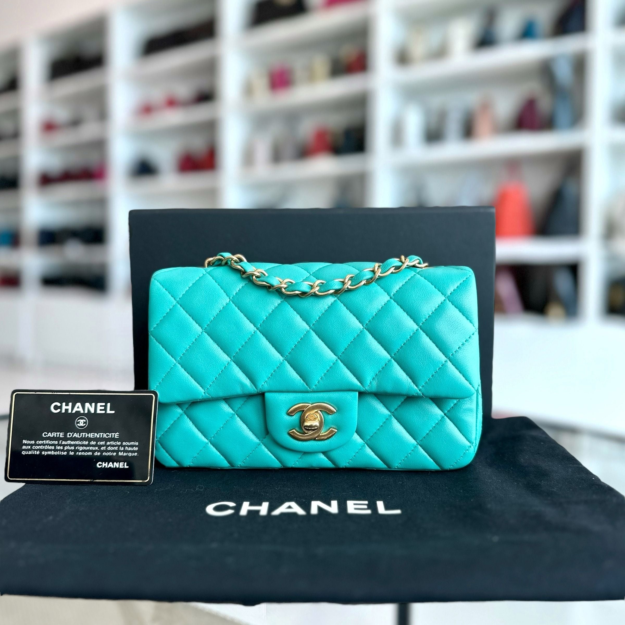 Chanel Mini Rectangular Classic Flap 20CM Quilted Lambskin Blue Green GHW No 27 - Luxury Evermore