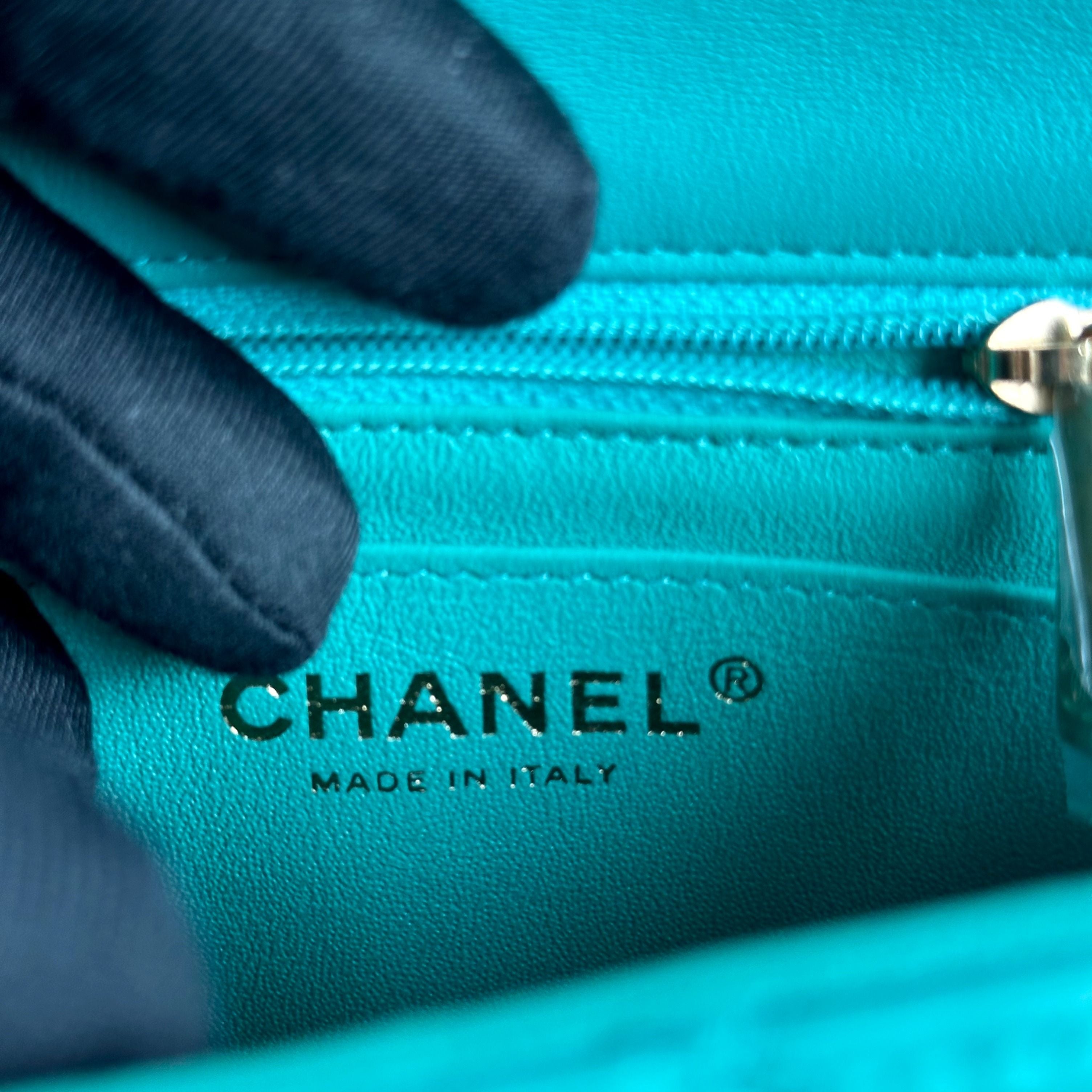 Chanel Mini Rectangular Classic Flap 20CM Quilted Lambskin Blue Green GHW No 27 - Luxury Evermore