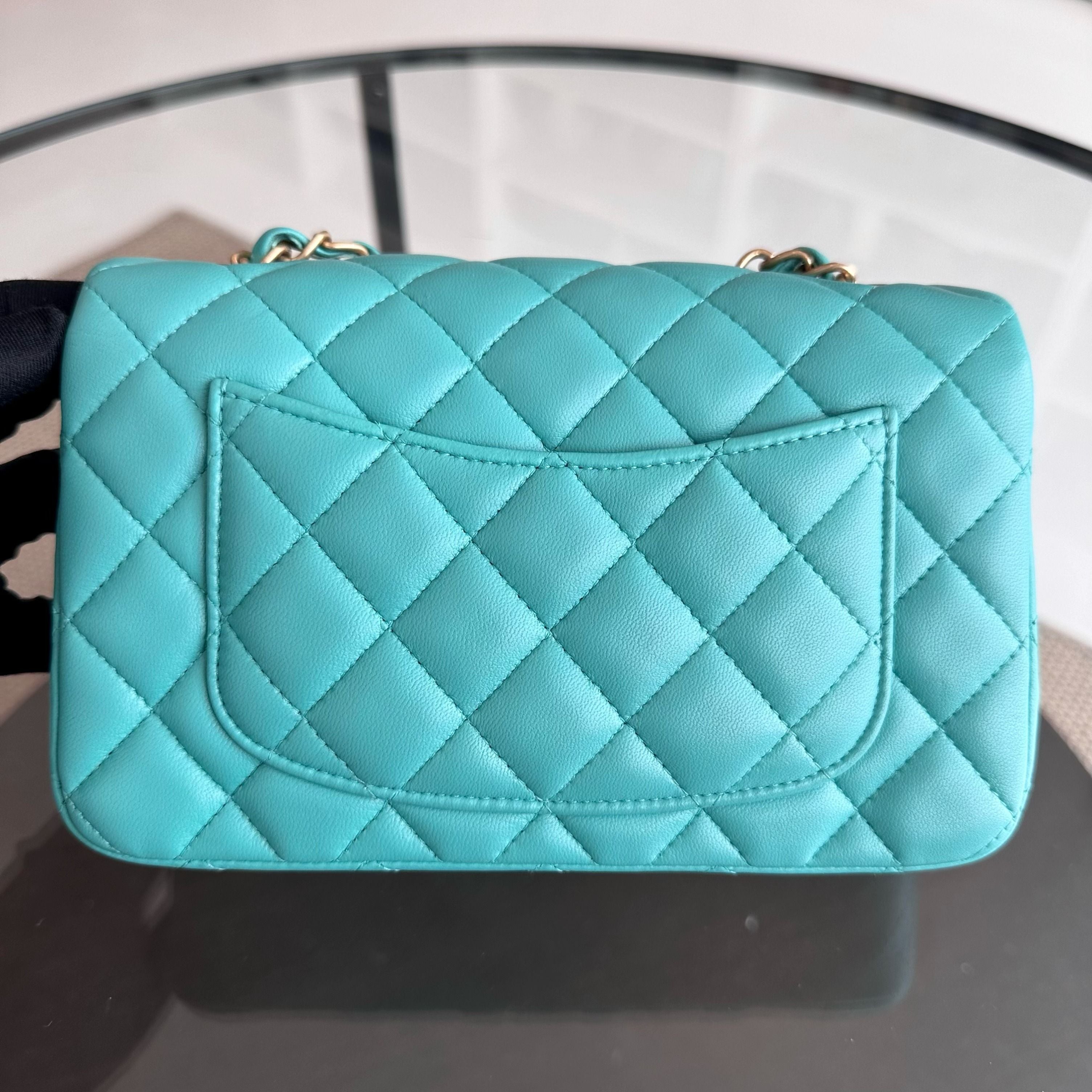 Chanel Mini Rectangular Classic Flap 20CM Quilted Lambskin Blue Green GHW No 27 - Luxury Evermore