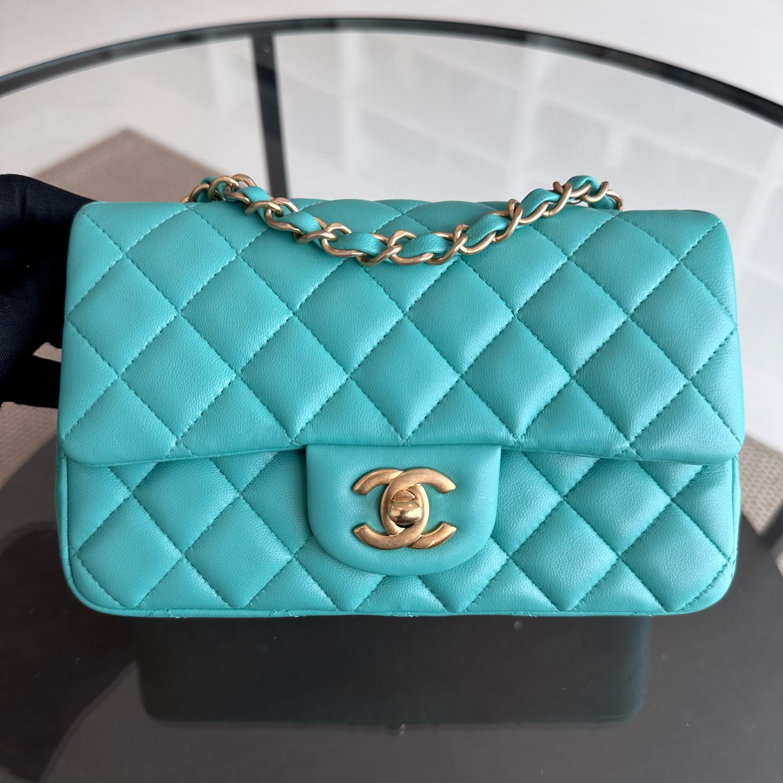 Chanel Mini Rectangular Classic Flap 20CM Quilted Lambskin Blue Green GHW No 27 - Luxury Evermore