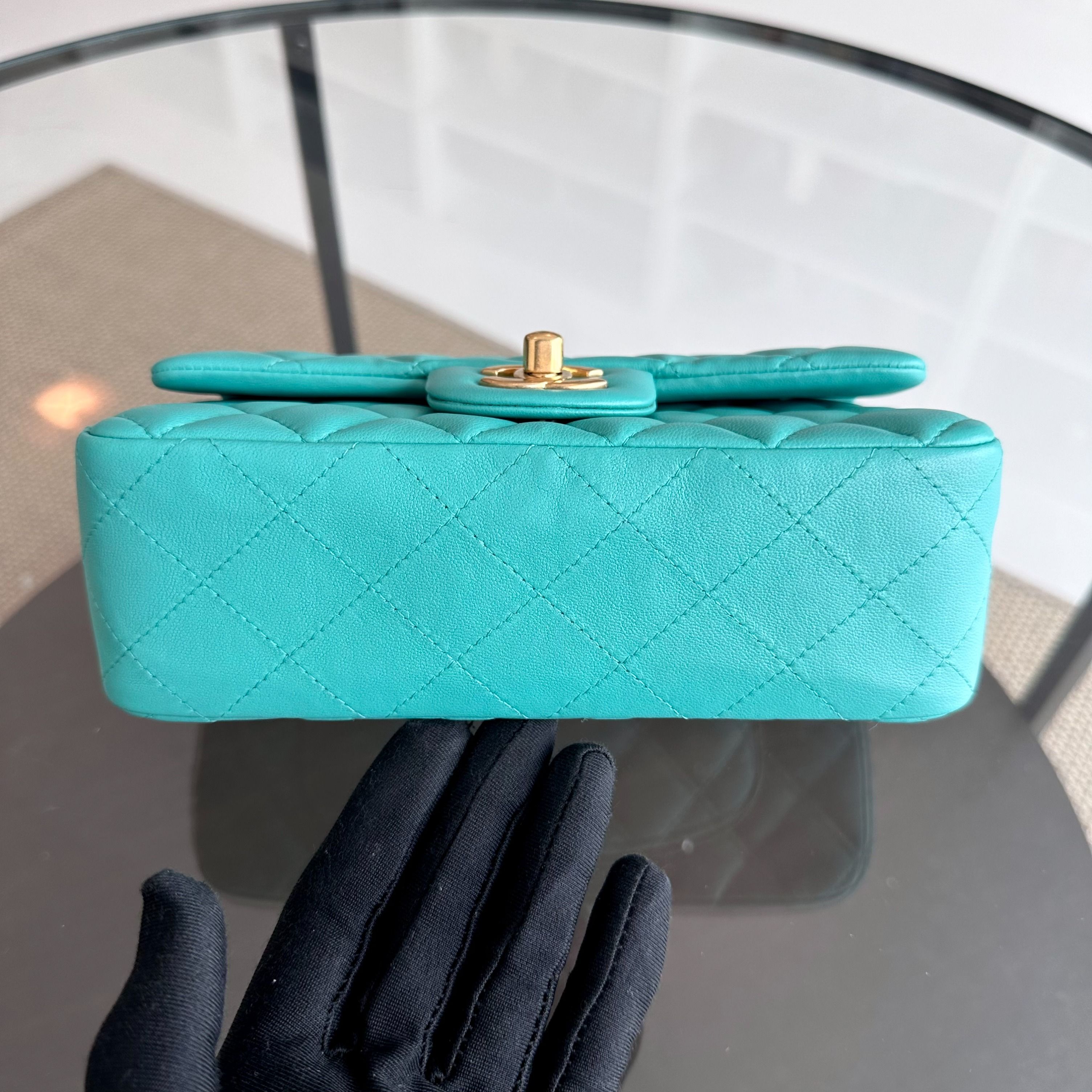 Chanel Mini Rectangular Classic Flap 20CM Quilted Lambskin Blue Green GHW No 27 - Luxury Evermore