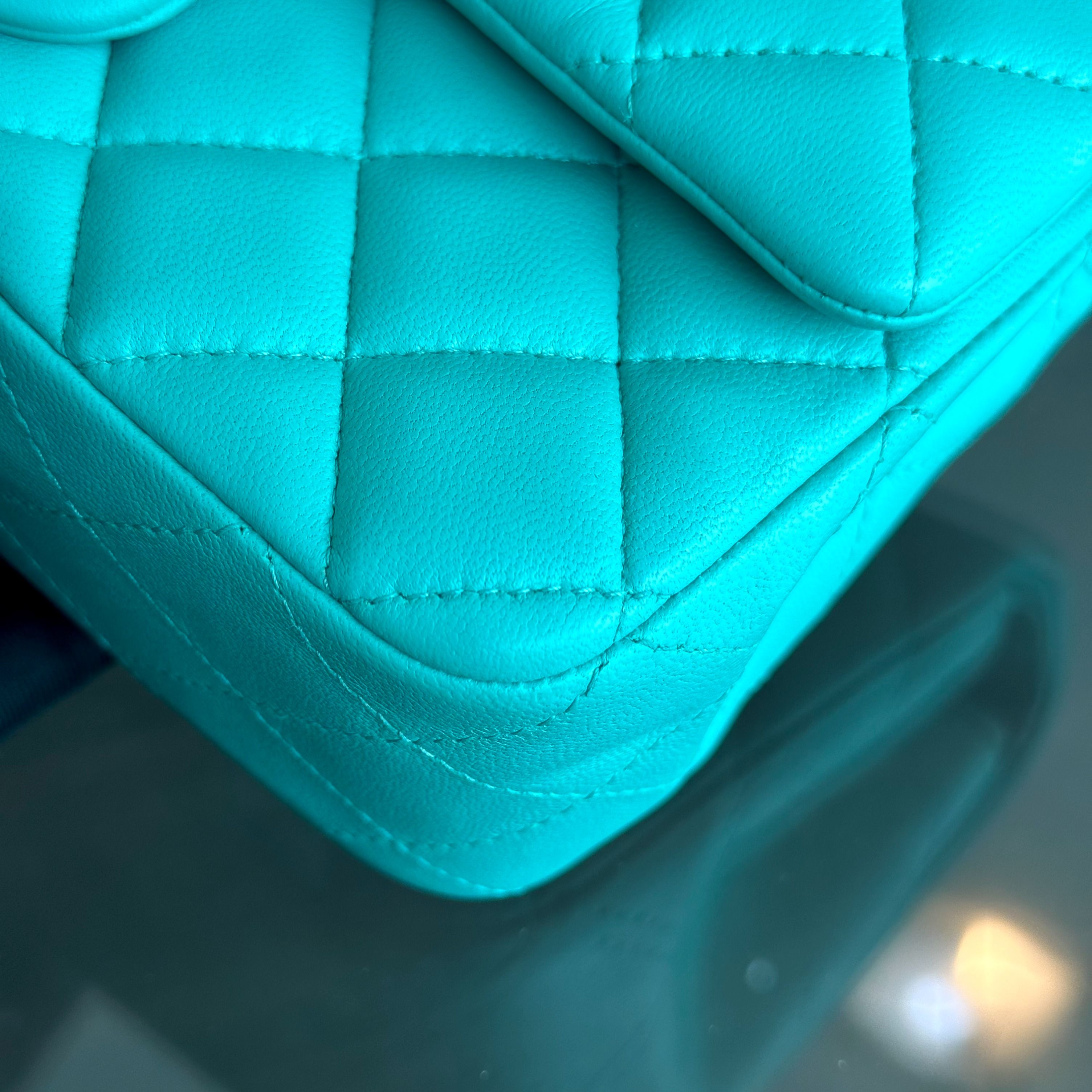 Chanel Mini Rectangular Classic Flap 20CM Quilted Lambskin Blue Green GHW No 27 - Luxury Evermore